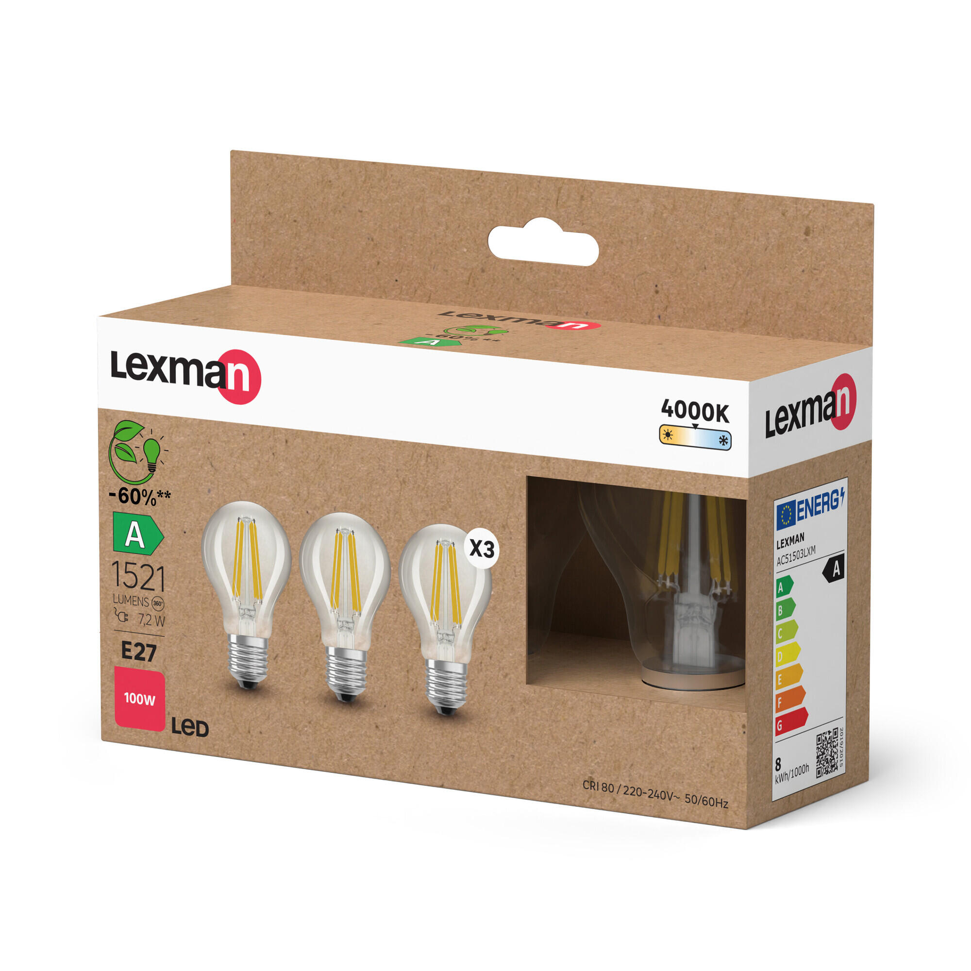 Pack3 Lâmpadas filamentos CLASSE A E27 1521lm 4000k - 7