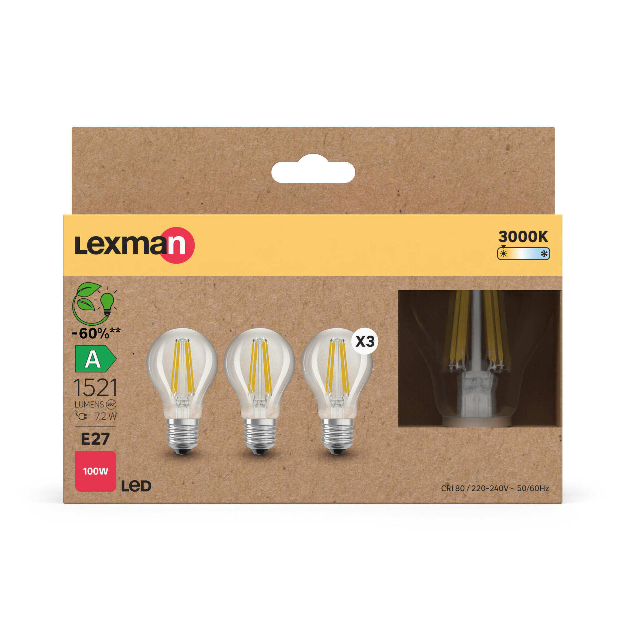 Pack 3 Lâmpadas standard LED filamento E27 1521LM branco vidro Lexman Classe A - 7
