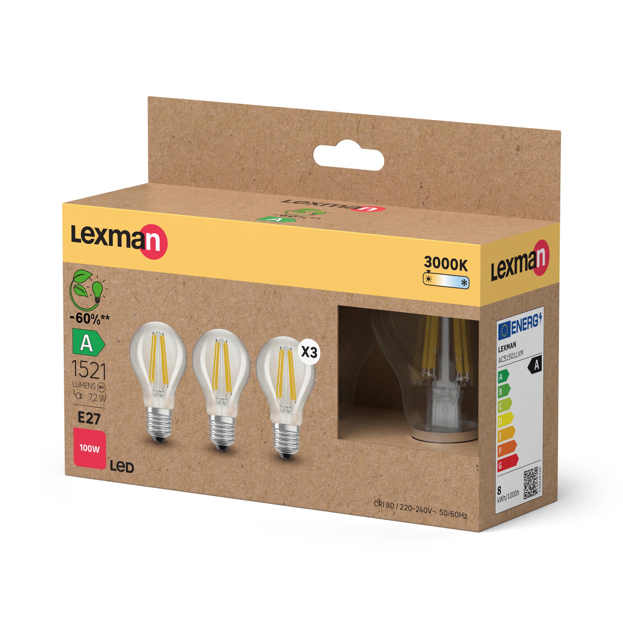 Pack 3 Lâmpadas standard LED filamento E27 1521LM branco vidro Lexman Classe A - 6