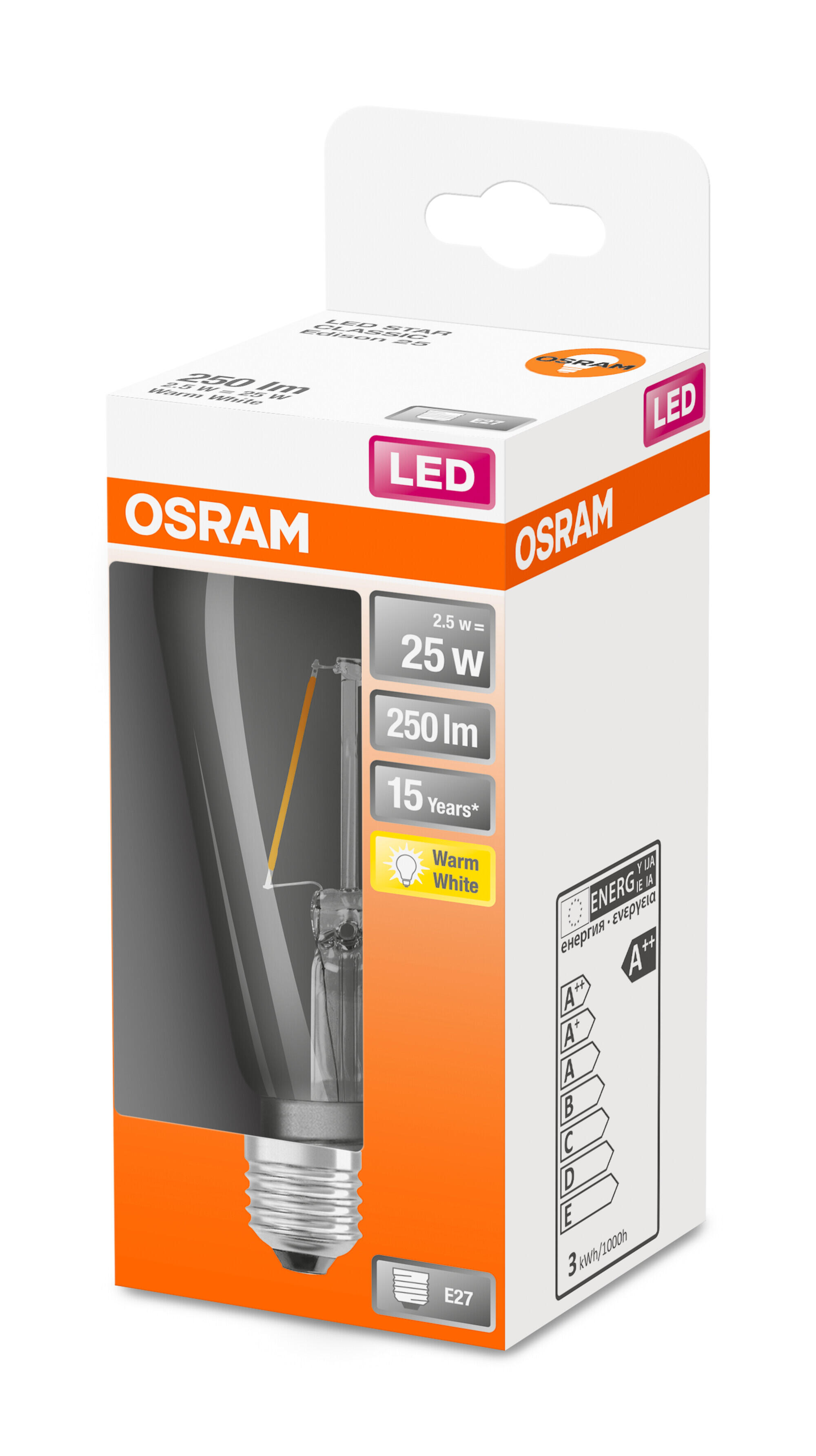 Bombilla decorativa LED filamento E27 Edison 250 lúmenes 2.5W color de la luz blanco cálido 2700K clase energética F - 3