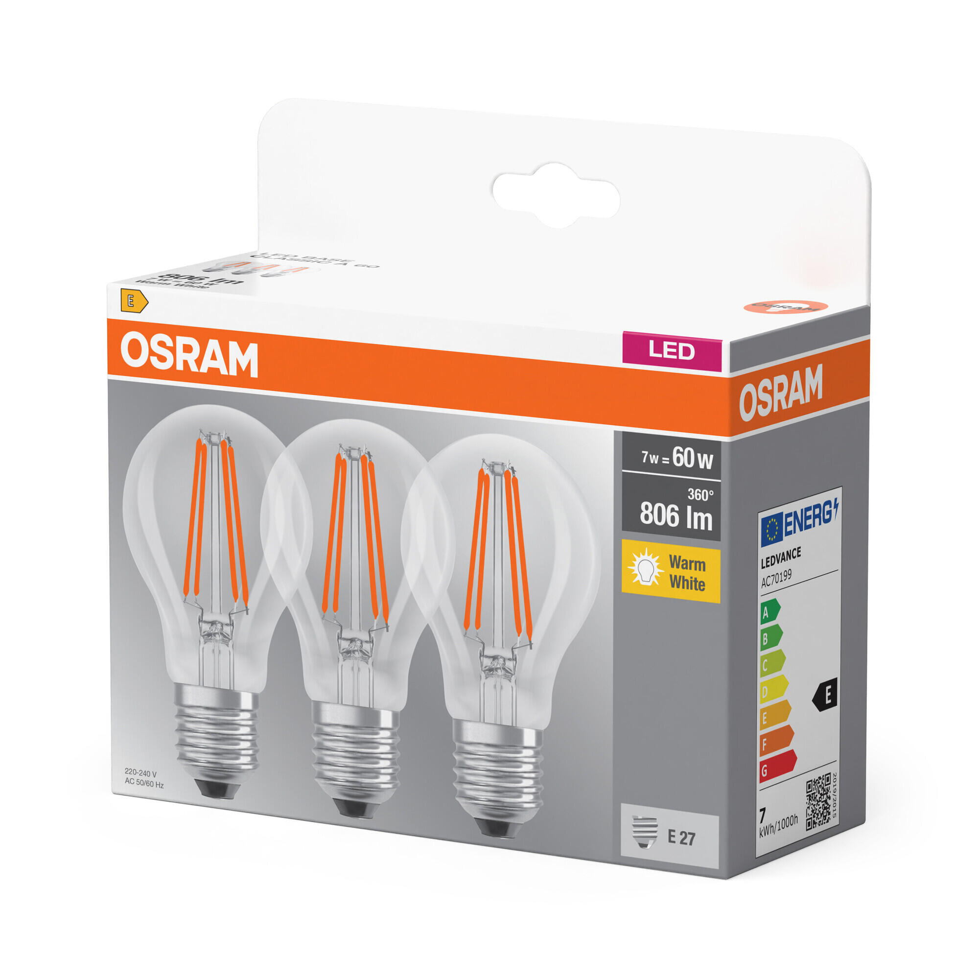 Pack 3 Lâmpadas led filamentos E27 standard 806 lm luz amarela Osram - 6
