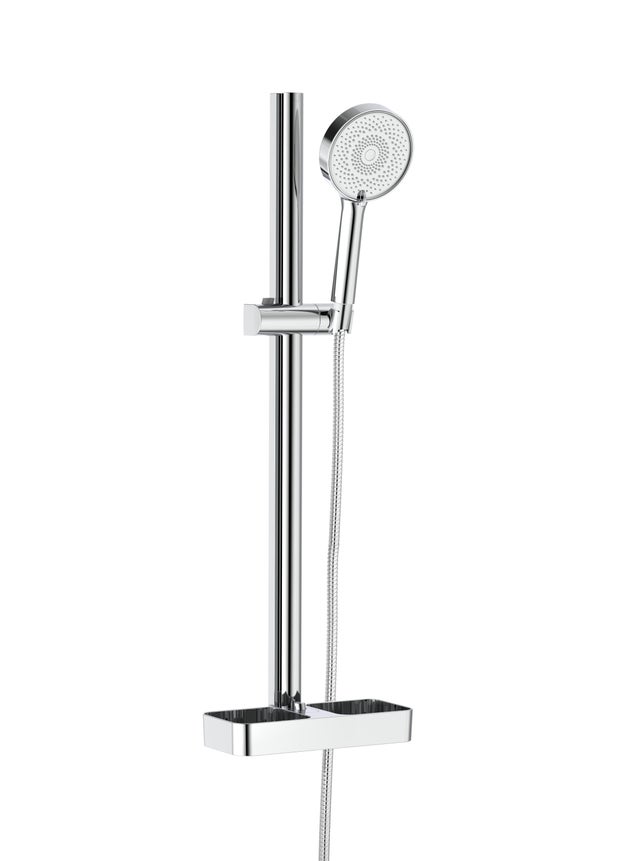 Pommeau de douche 3 jets, flexible, barre et tablette chrome, MTK