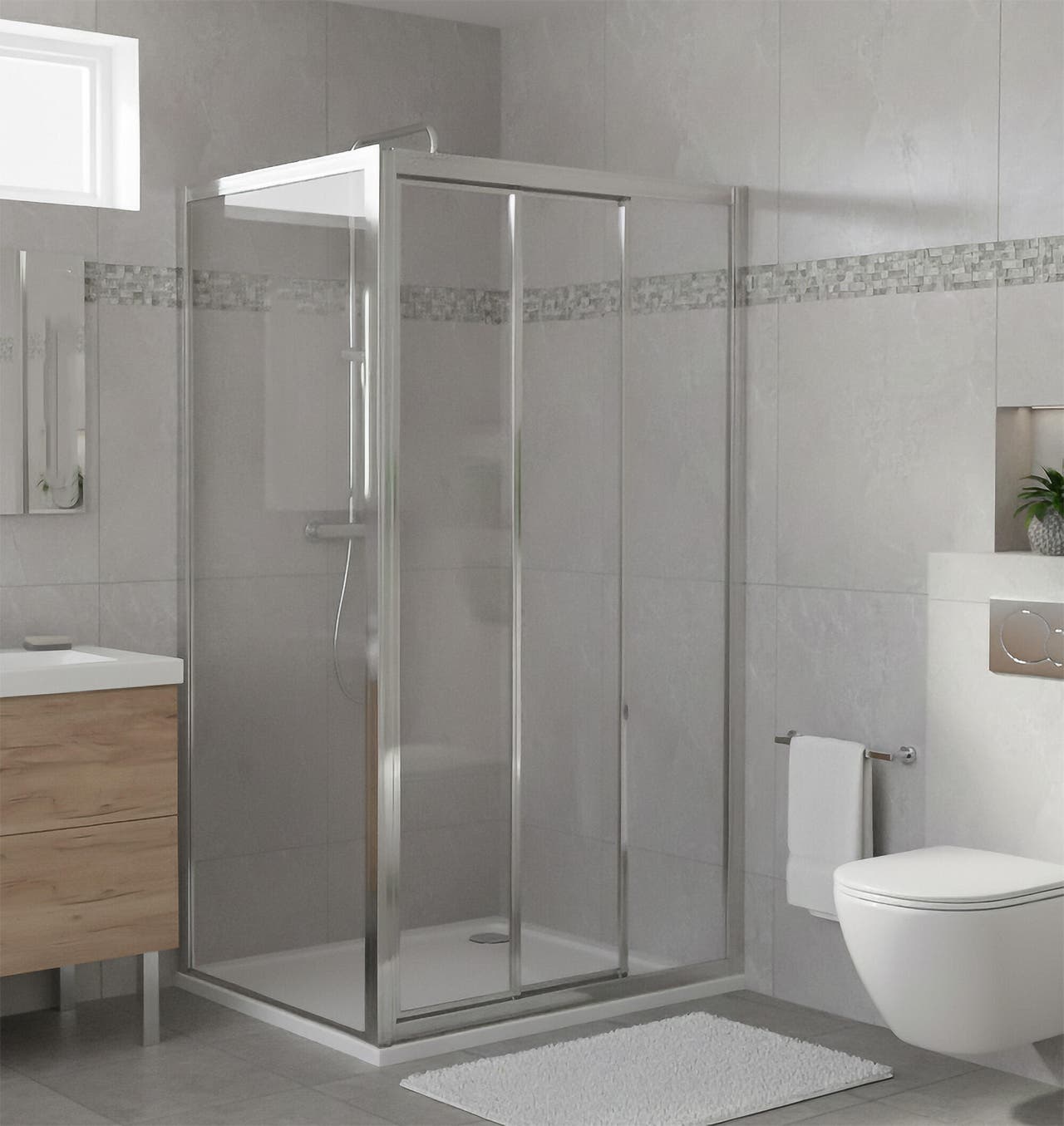 Diapositive Mampara Siena Cromo: Solución frontal con lateral fijo (90x70cm)