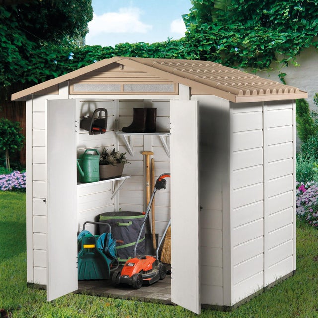 Casetta da giardino in PVC beige 1.8 x 2 m, superficie esterna 3.98 m² e spessore parete 20 mm, con pavimento porta a due ante, GAROFALO Tuscany L
