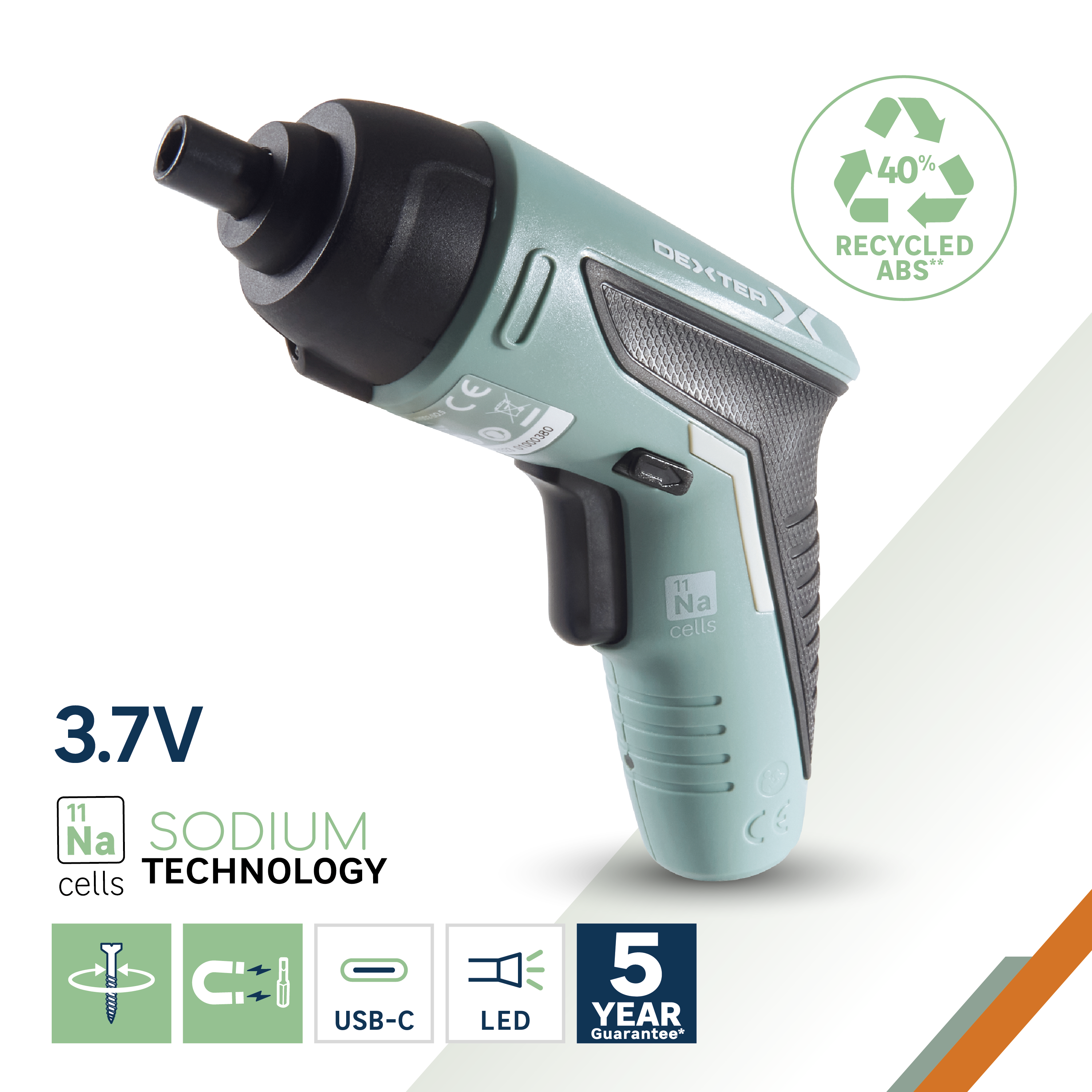 Atornillador DEXTER SODIUM 3.7V + 6 puntas atornillador + Cable carga USB-C - 3