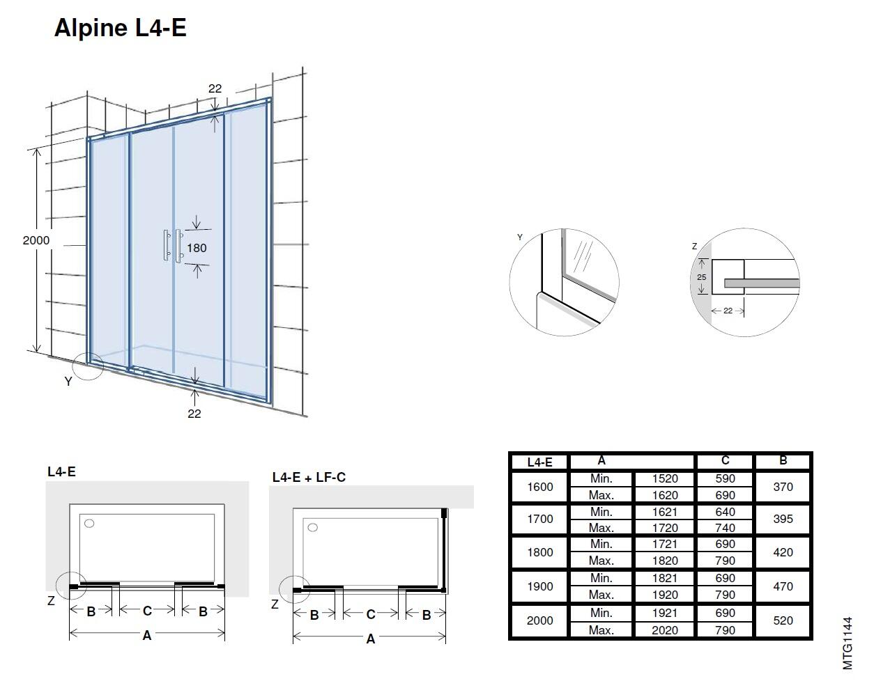 Mampara de ducha frontal 2 fijos + 2 puertas correderas transparentes Alpine perfil aluminio negro (152-162)x200 cm cristal 6mm cierre magnético con guía inferior Roca - 2