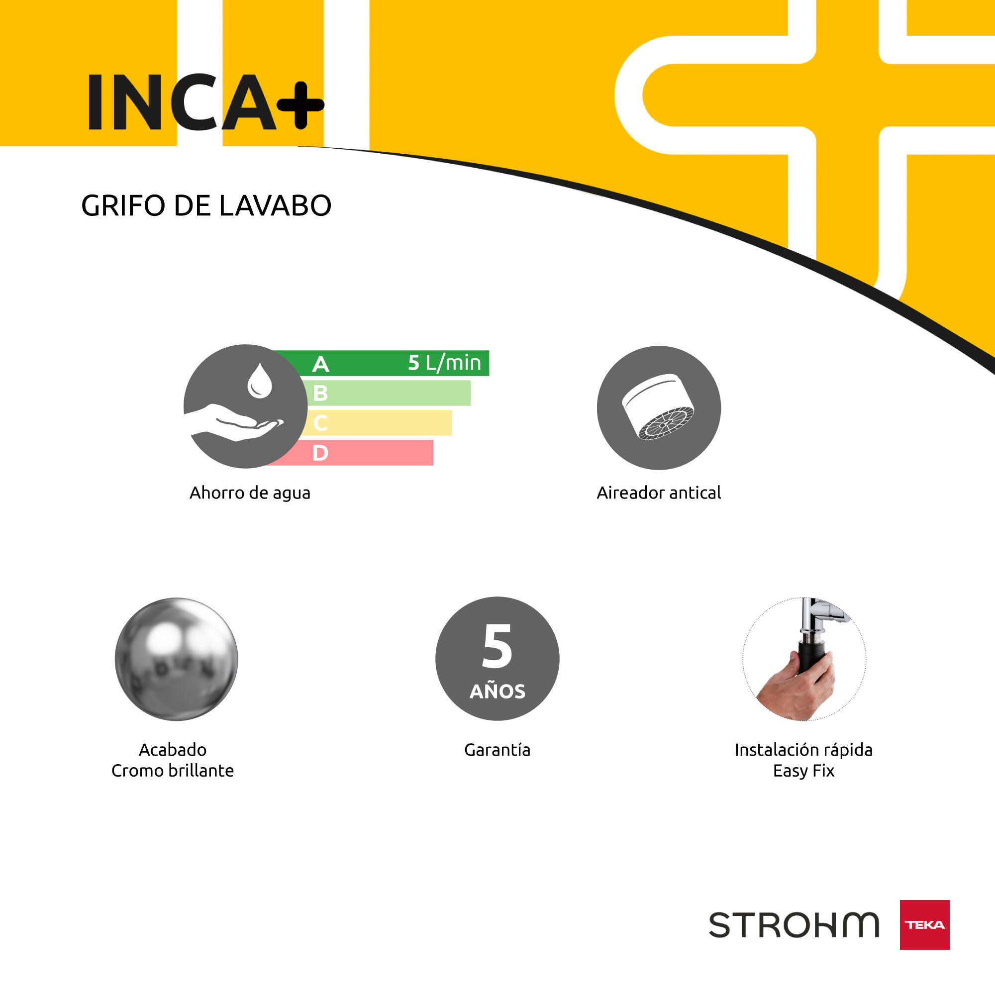 Grifo de lavabo STROHM TEKA Inca+ monomando cromo brillo. Antical.  - 7