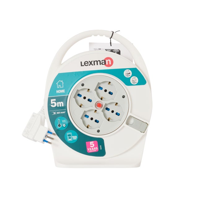 Avvolgicavo LEXMAN 5m cavo H05VV-F 3G1 mm² 4 prese universali  spina 10A  2P+T per uso domestico