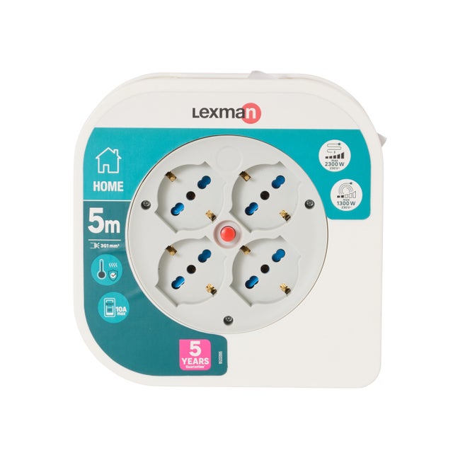 Avvolgicavo LEXMAN 5m cavo H05VV-F 3G1 mm² 3 prese universali  2P+T spina 10A 2P+T per uso domestico