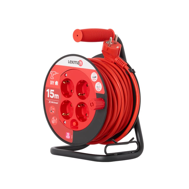 Enrolador LEXMAN 4 tomadas 3g1 H05-VVF 15metros vermelho/preto