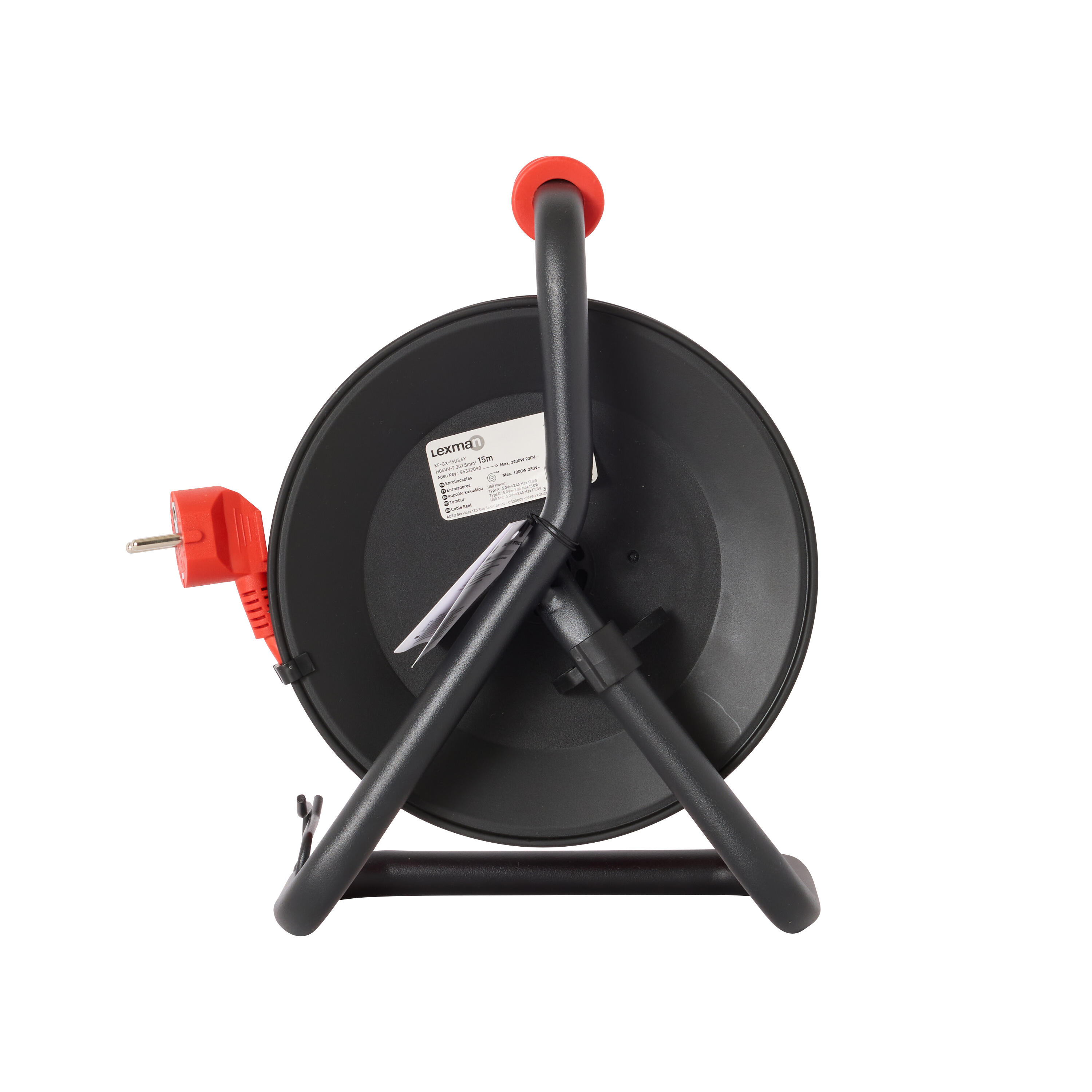Enrolador LEXMAN 3 tomadas + 2 USB (A+C) 3g1,5 H05-VVF 15metros vemelho/preto - 2
