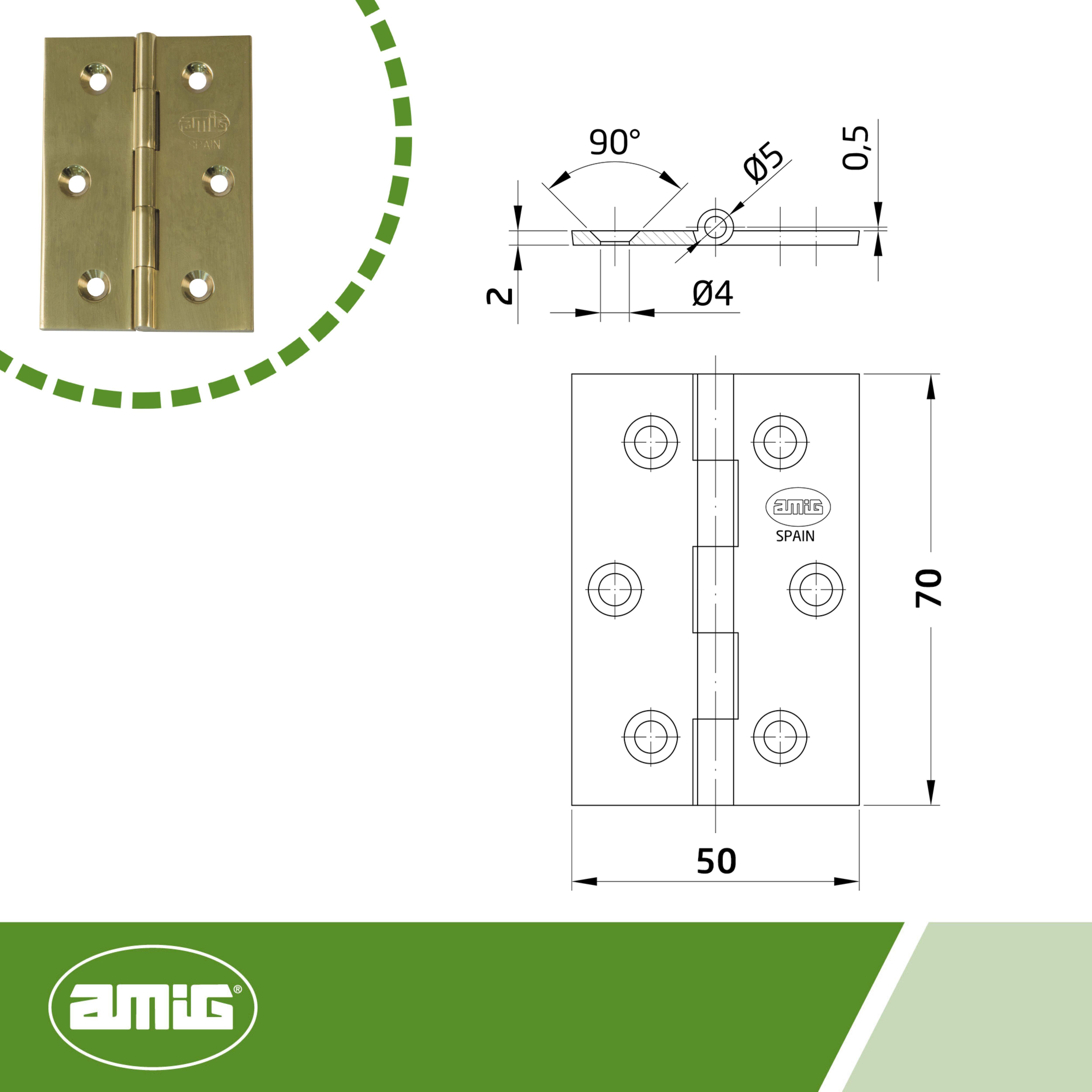 BISAGRA 70X45MM CANTO CUADRADO SIN REMATE LATON - 2