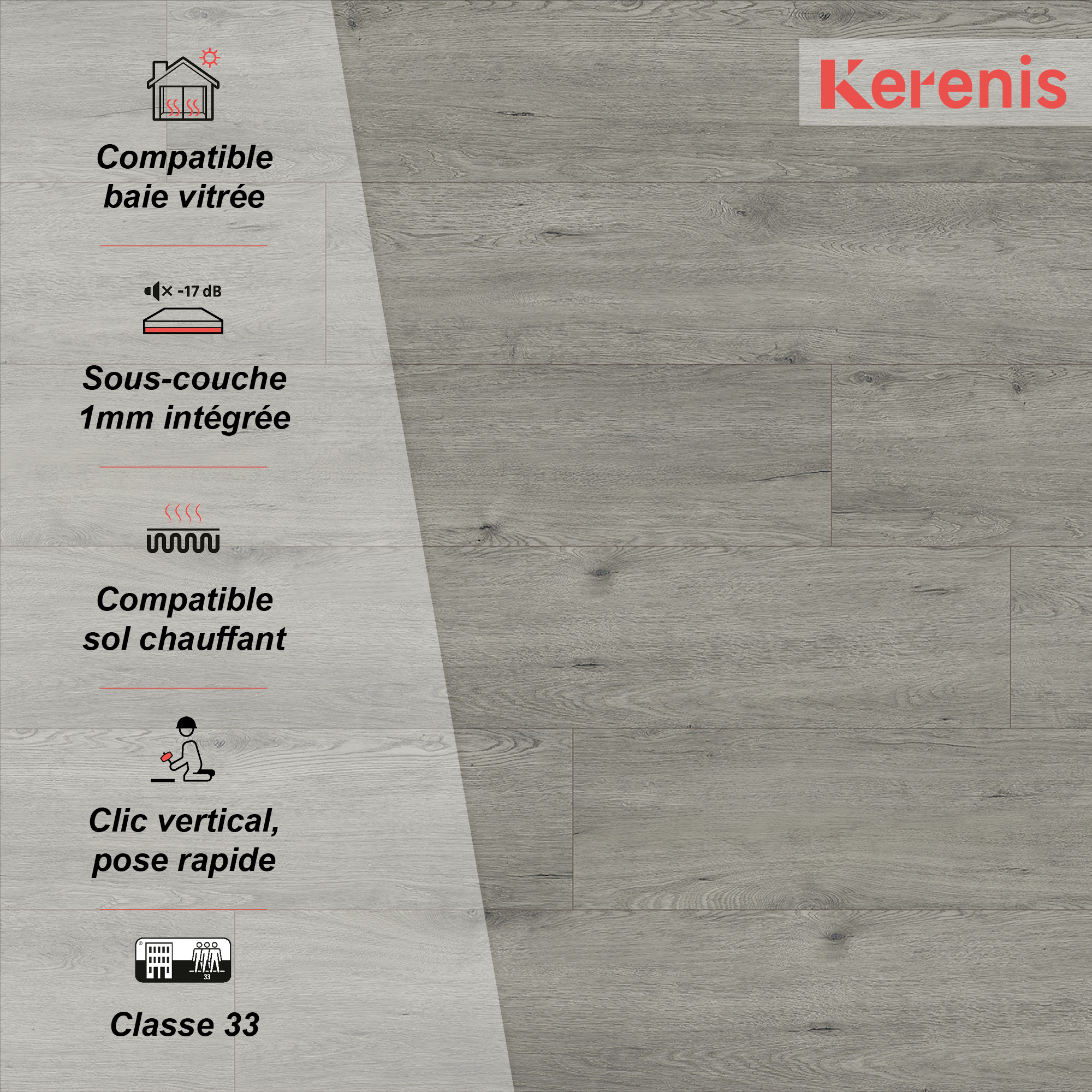 Lame PVC/SPC clipsable bois gris Ep.5.5 mm passage très intense, Silven K300 - KERENIS - 3