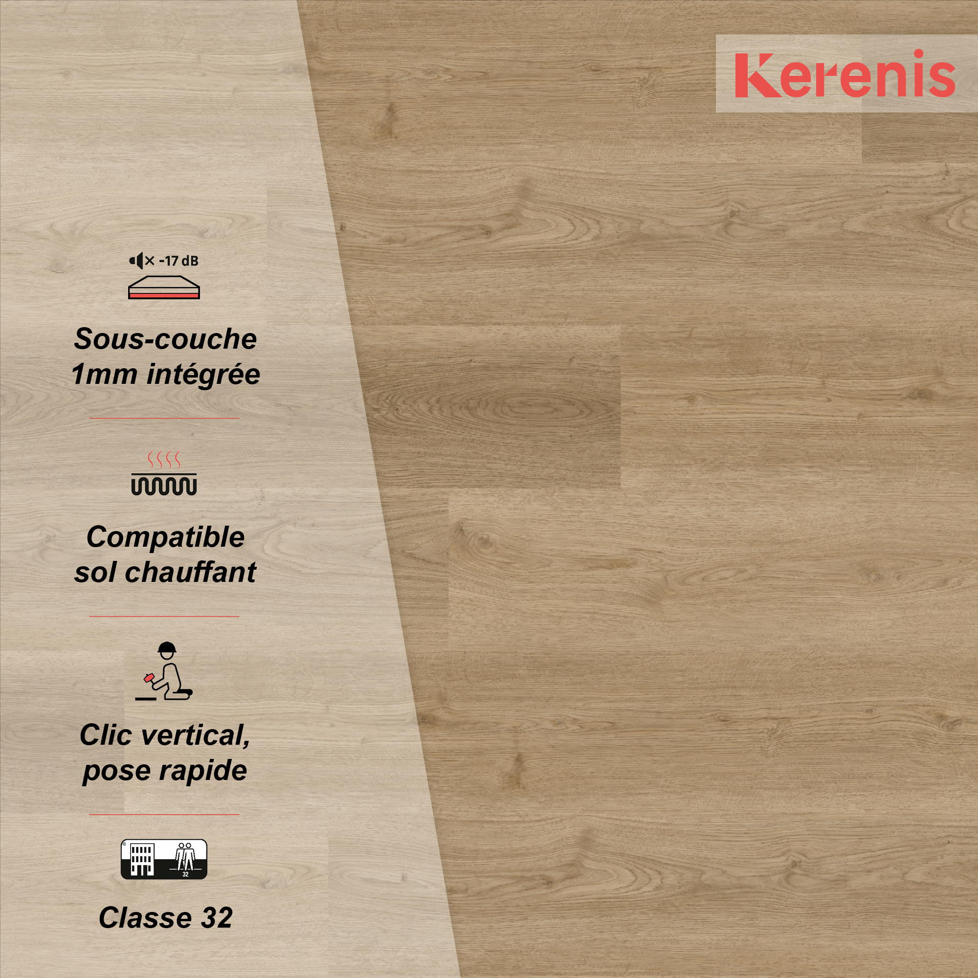 Lame PVC/SPC clipsable bois naturel Ep.5 mm passage intense, Farielle K200 - KERENIS - 4