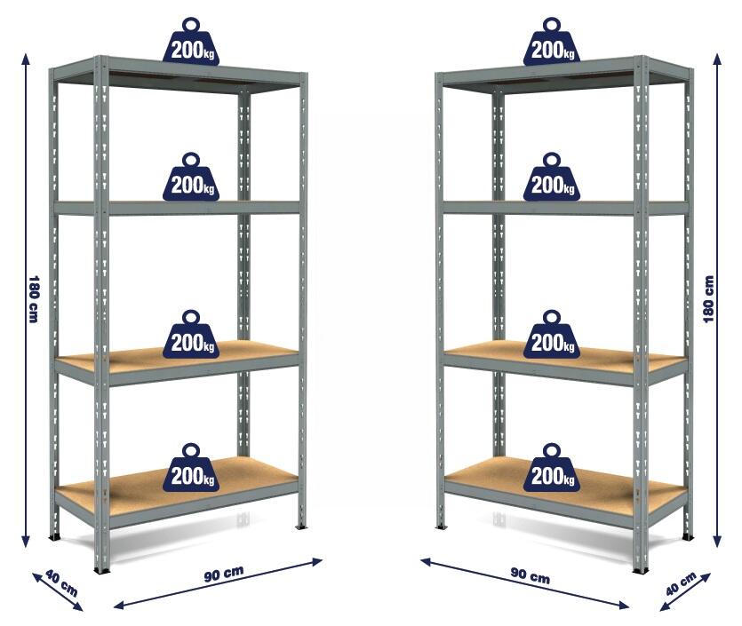 Set di 2 scaffali in kit, 4 ripiani Pokerino L 90 x P 40 x H 180 cm grigio, portata per ripiano 200 kg - 2