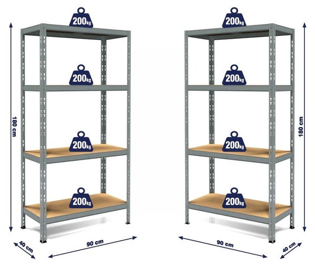 Set di 2 scaffali in kit, 4 ripiani Pokerino L 90 x P 40 x H 180 cm grigio, portata per ripiano 200 kg