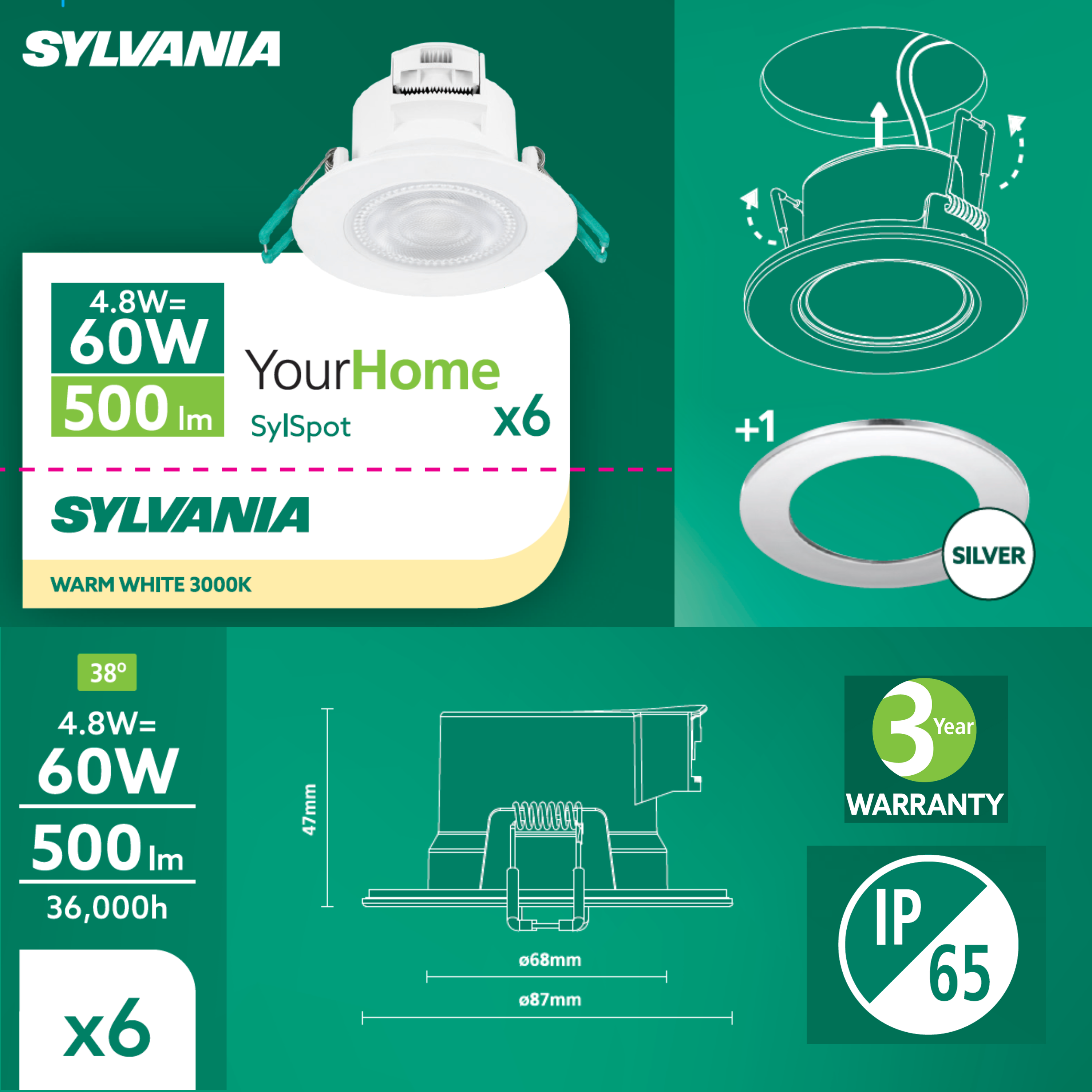 6 spots LED encastrés salle de bain Sylspot IP65, blanc chaud, blanc Sylvania - 7