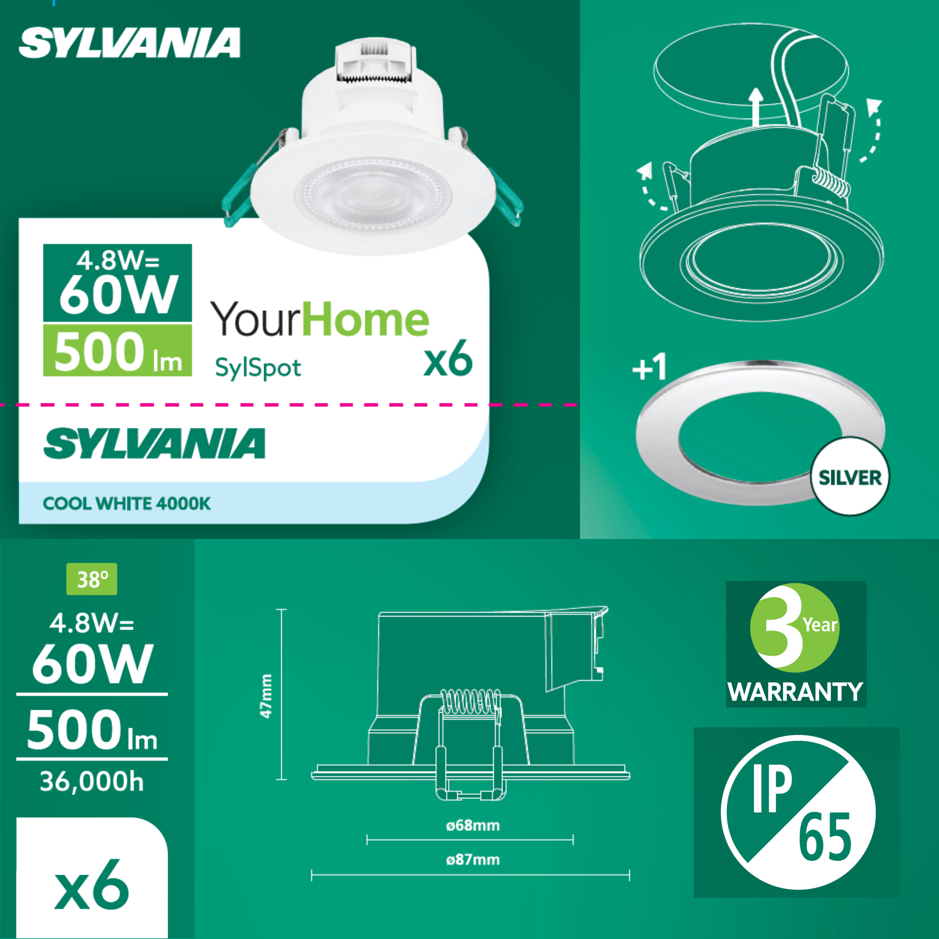 6 spots LED encastrés salle de bain Sylspot IP65, blanc neutre, blanc Sylvania - 7
