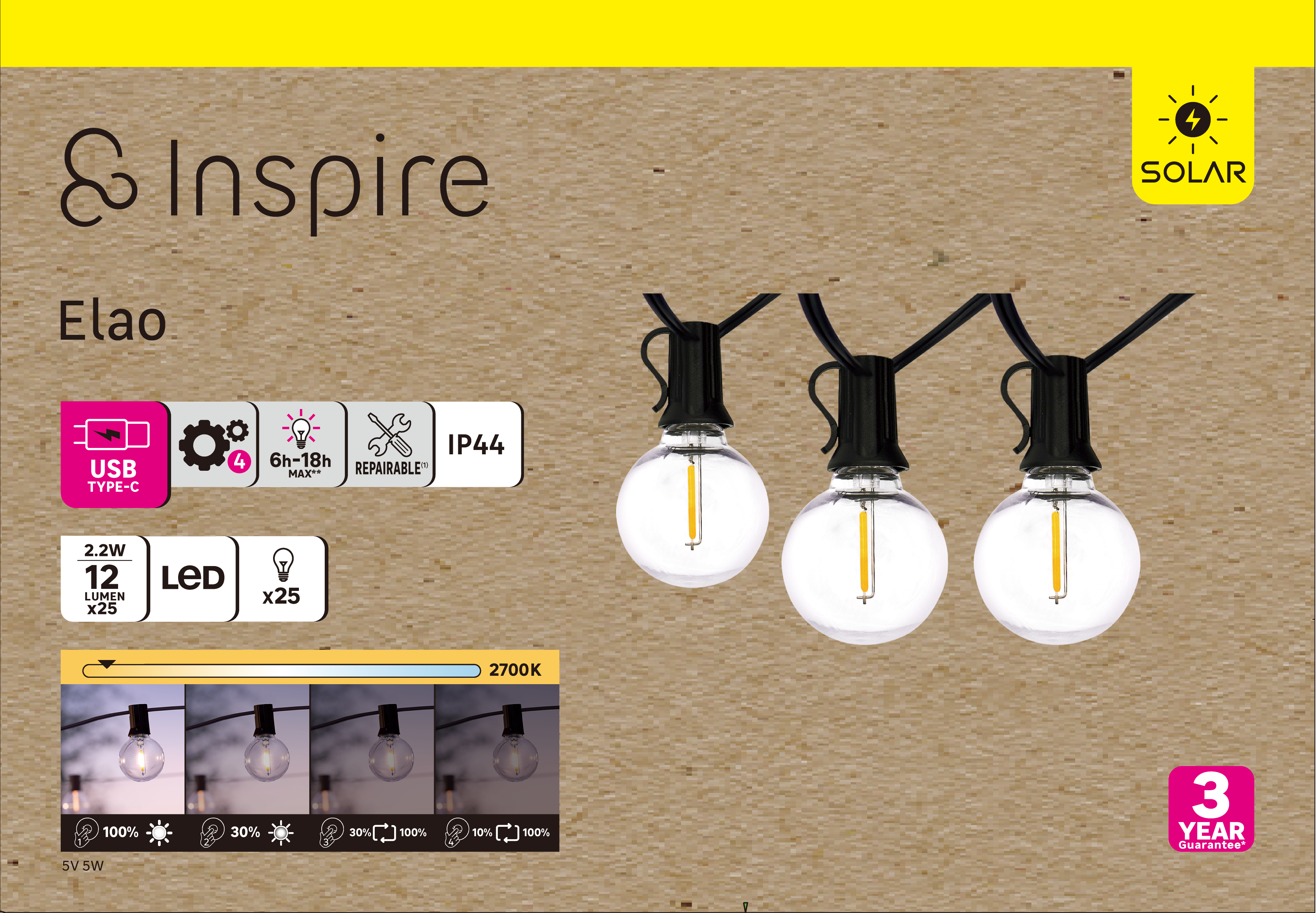 Guirlande solaire et rechargeable 8 mètres 25 ampoules blanc chaud, Elao INSPIRE - 3