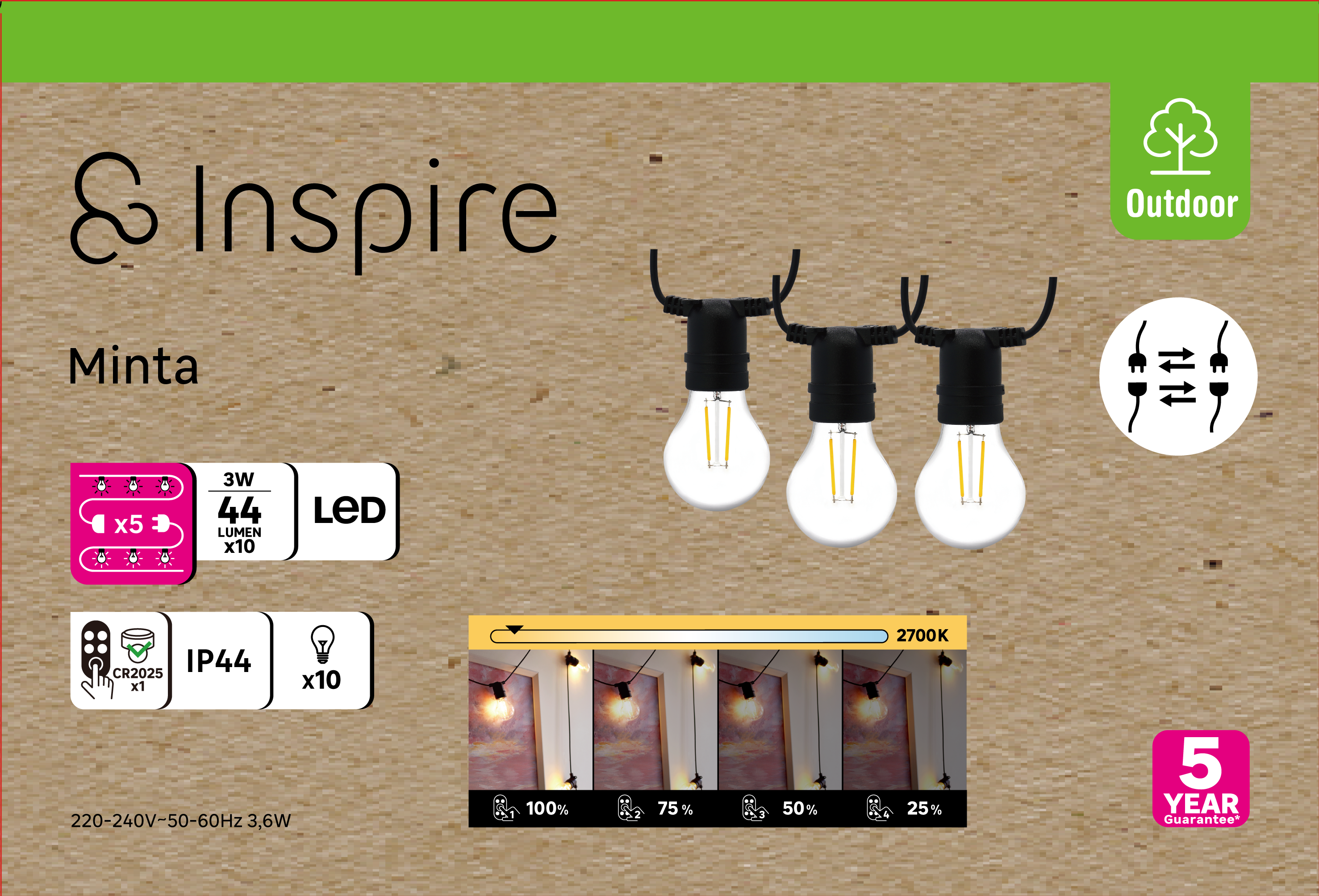 Girlanda ogrodowa Minta LED z pilotem 10x44 lm ciepła barwa 5 m IP44 czarna Inspire - 10