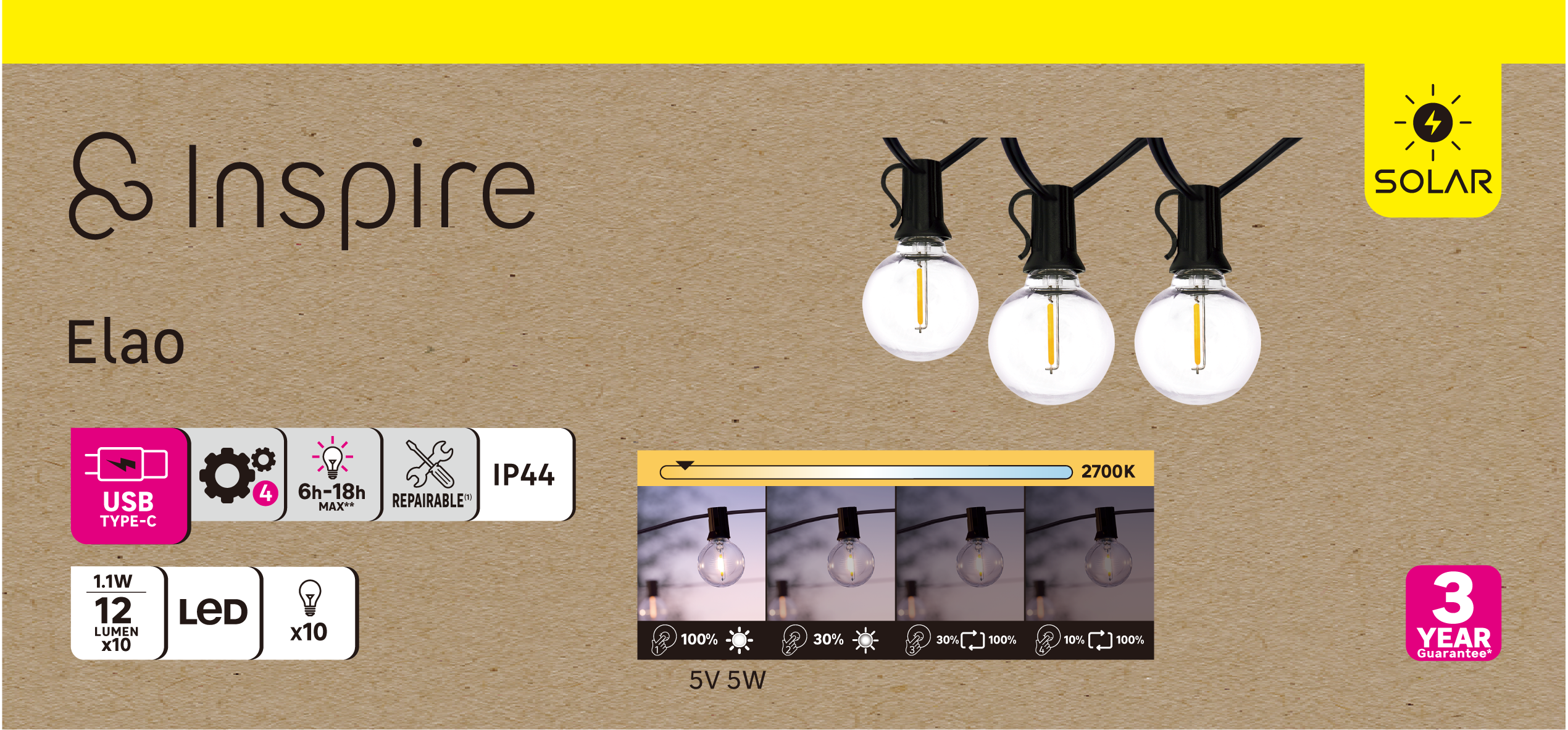 Guirlande solaire et rechargeable 6 mètres 10 ampoules blanc chaud, Elao INSPIRE - 5