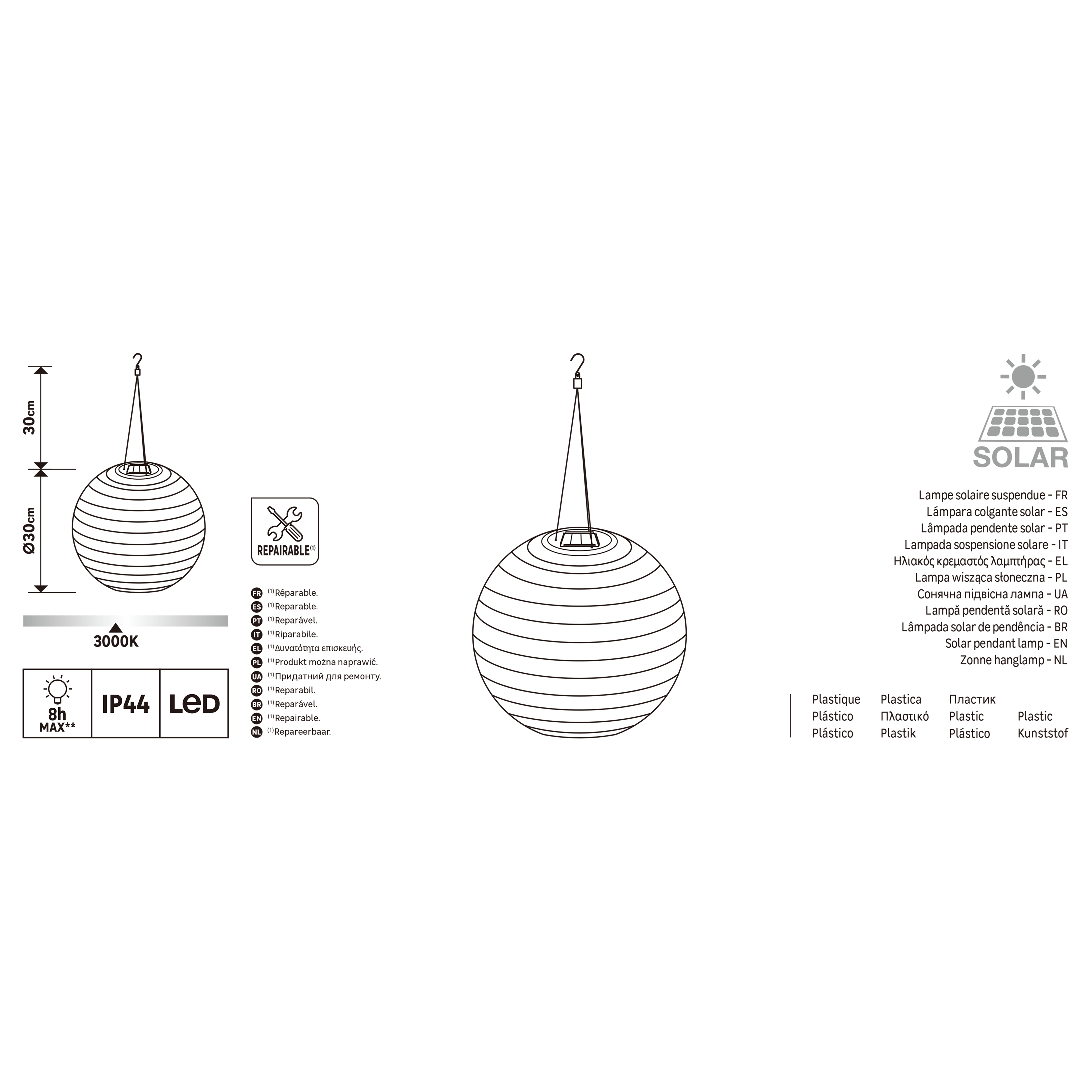 Suspension lanterne solaire décorative Diam. 30 cm, blanc chaud - 8