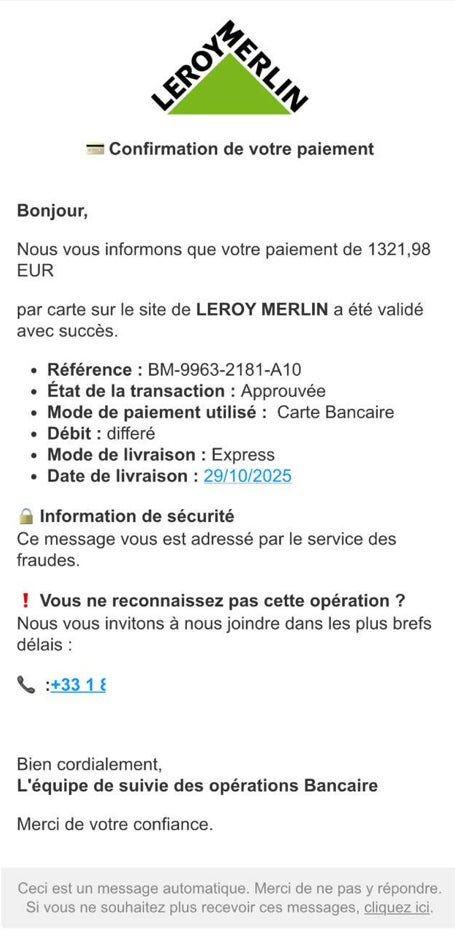 image qui explique une fraude sur une confirmation de paiement d'une fausse commande