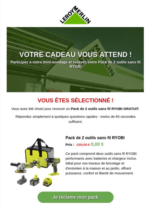 image d'une arnaque disant qu'un cadeau attend le client