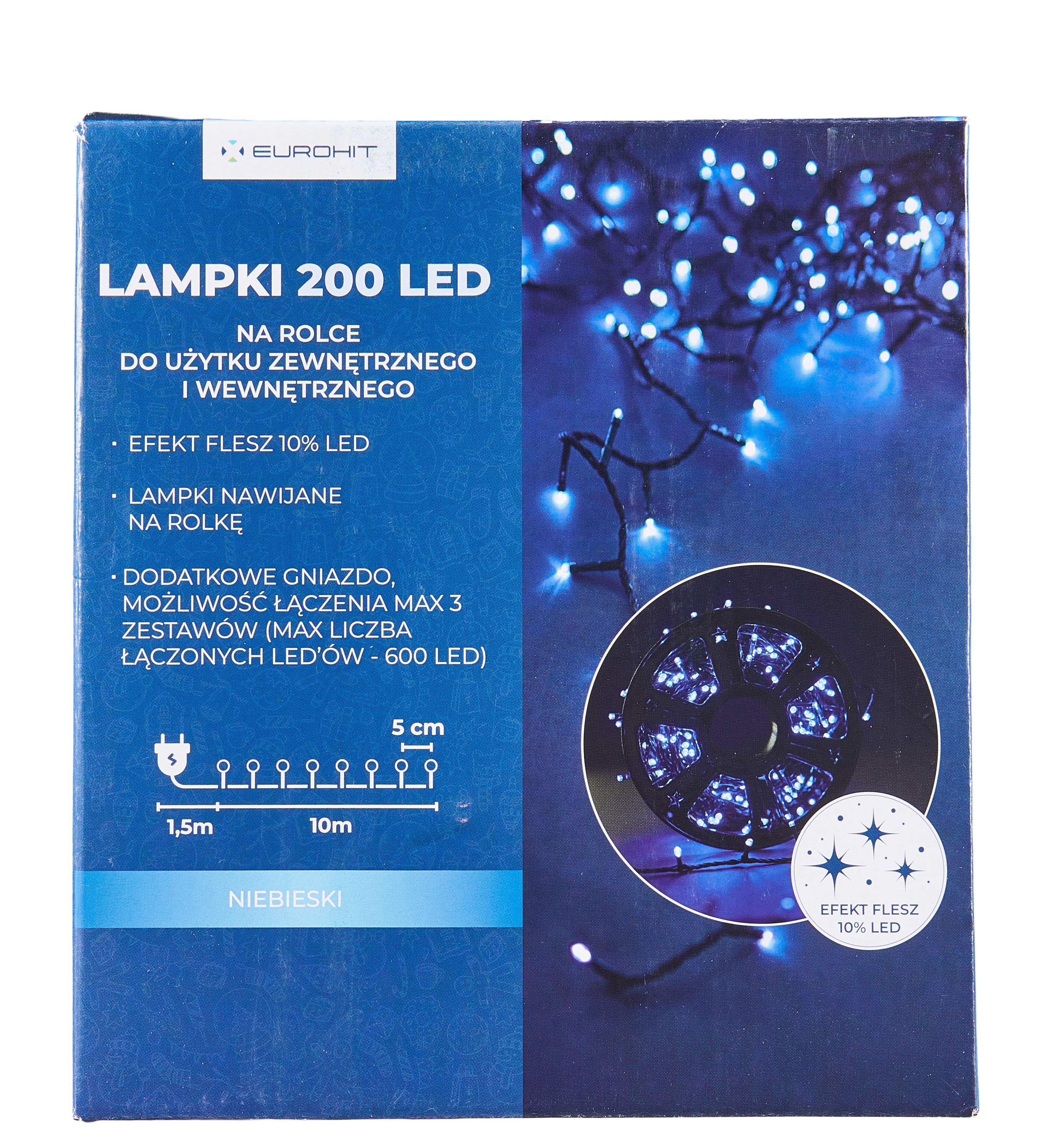 Lampki choinkowe zewnętrzne 200 LED efekt flash, dodatkowe gniazdo, niebieskie EUROHIT - 5
