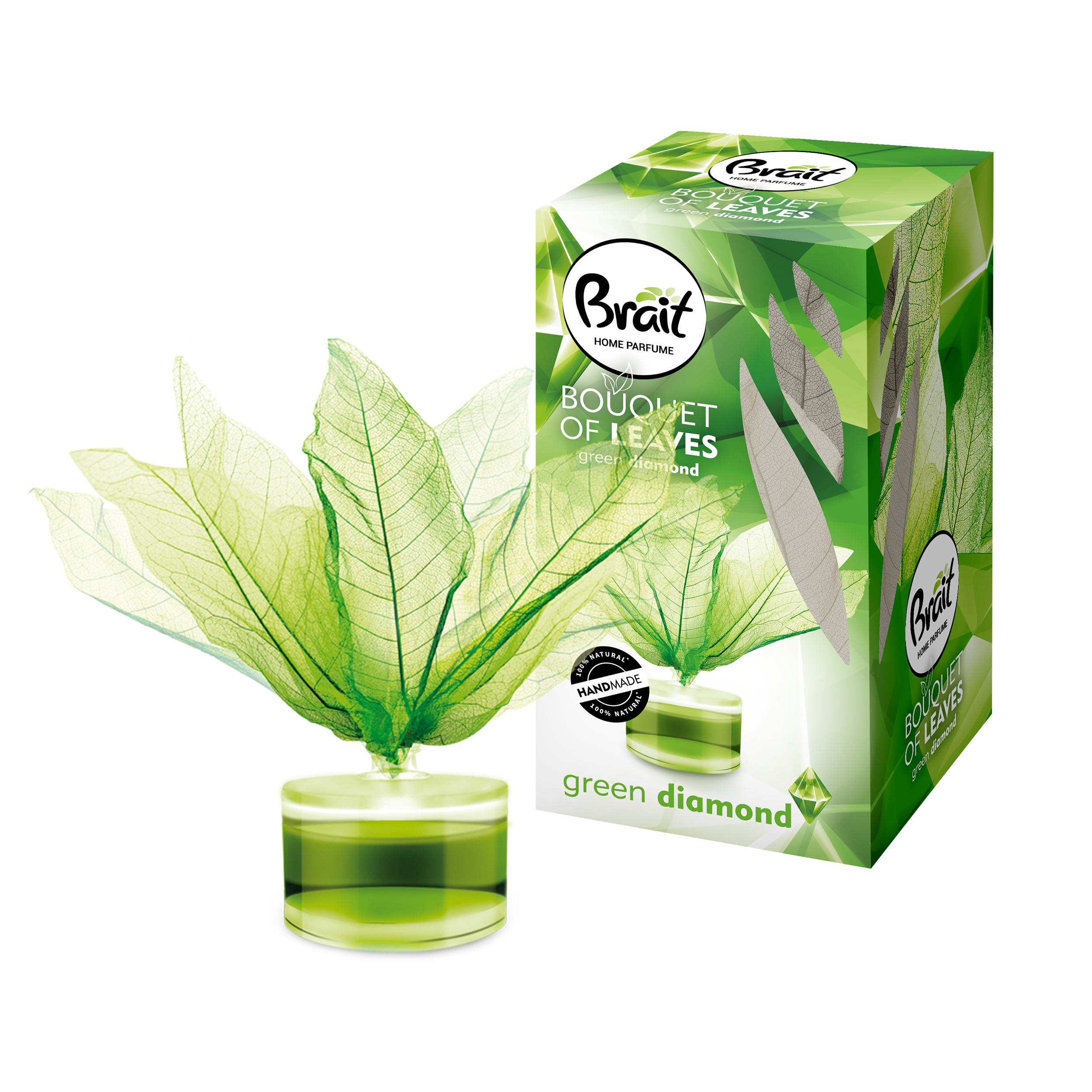 Odświeżacz powietrza Listek Green Diamond 50ml mandarynka-frezja-nektarynka-konwalia-róza-wanilia-drzewo sandałowe-piżmo Brait