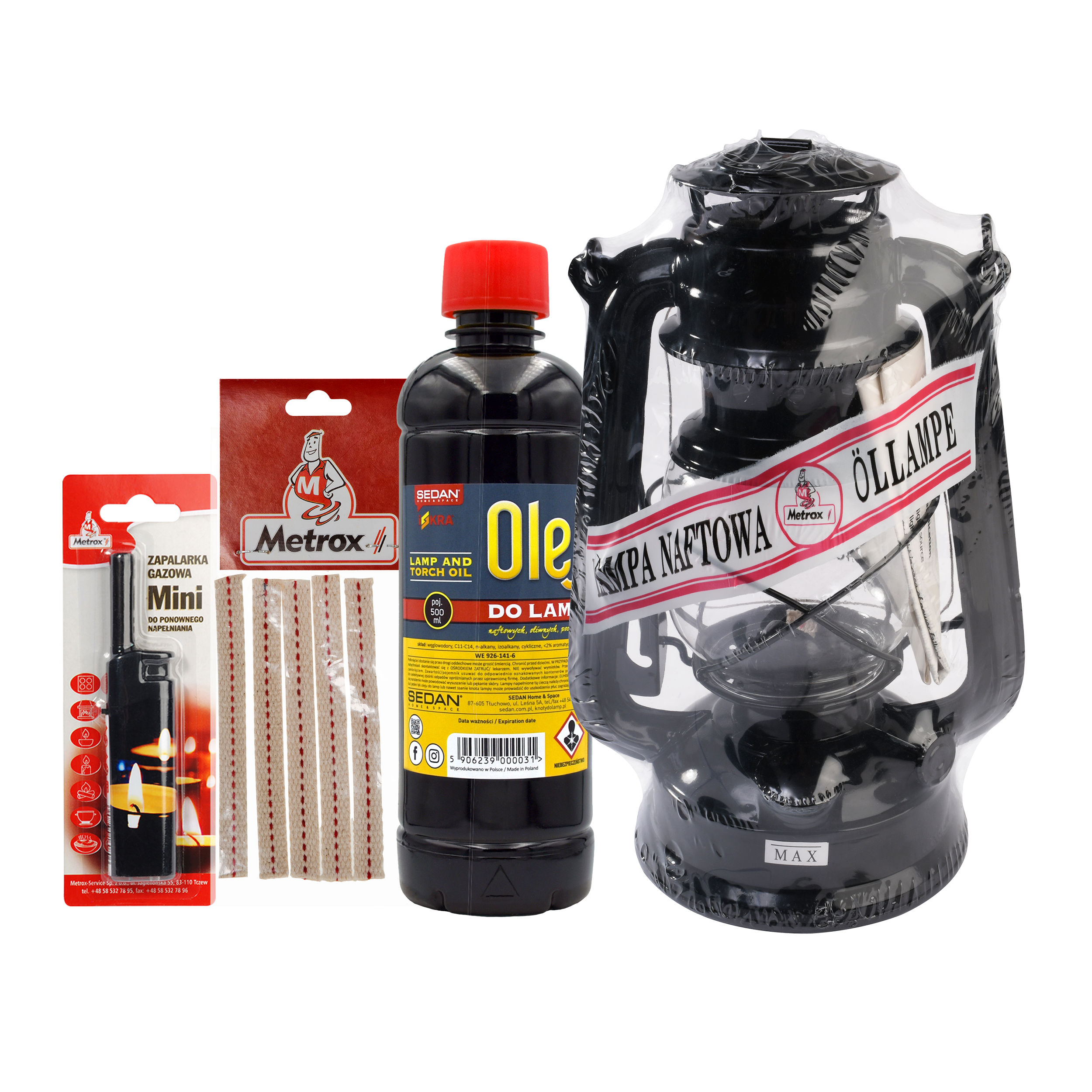 Zestaw lampa naftowa, knoty, zapalarka i olej parafinowy Metrox - 2