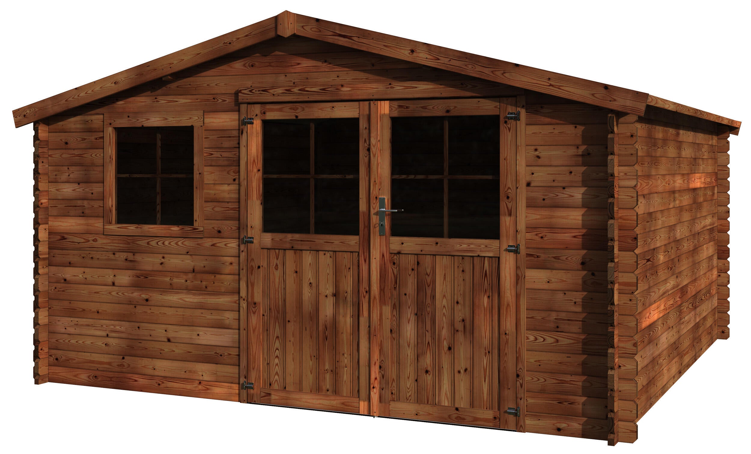 caseta de madera new vallauris traite marron de 4144x2335x4025 cm y 1584 m2 con 34 mm espesor y doble puerta abatible decor et jardin