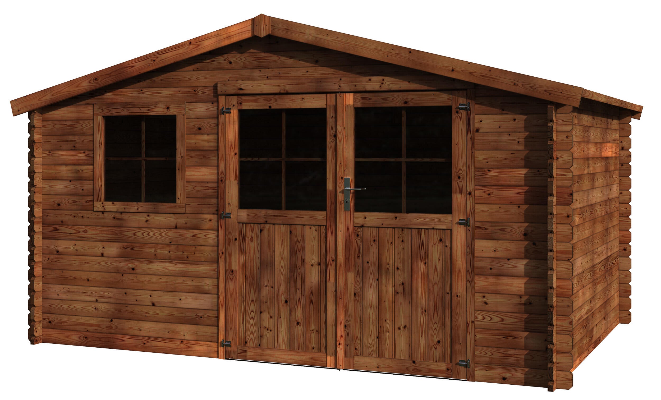 caseta de madera new valerian traite marron de 4144x2335x3025 cm y 1186 m2 con 34 mm espesor y doble puerta abatible decor et jardin
