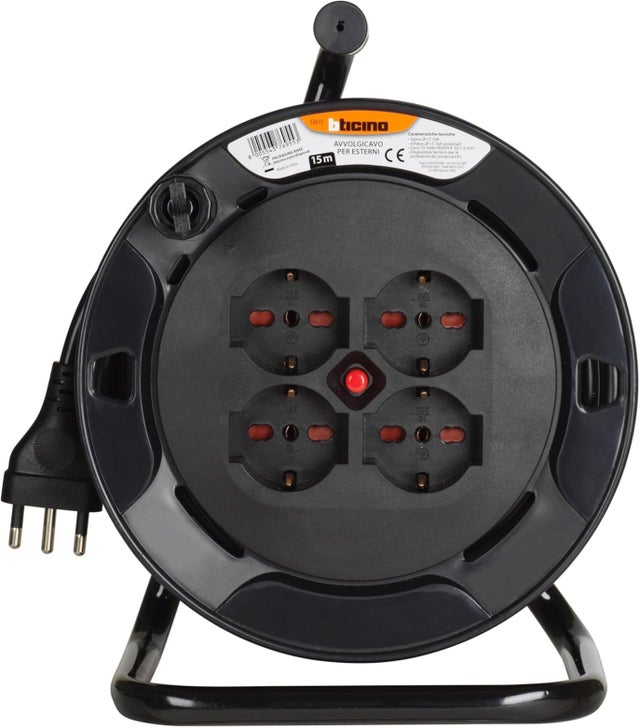 Avvolgicavo BTICINO 15m cavo H05VV-F 3G1.5 mm² 4 prese bipolari spina 2P+T per uso domestico per il bricolage per il cantiere