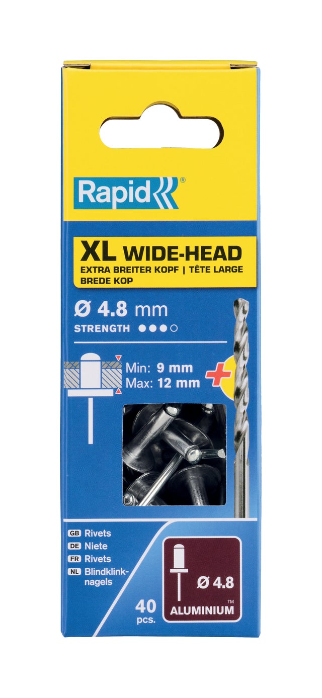 Lot de 40 rivets aluminium XL Diam.4,8 x 16 mm + foret - RAPID