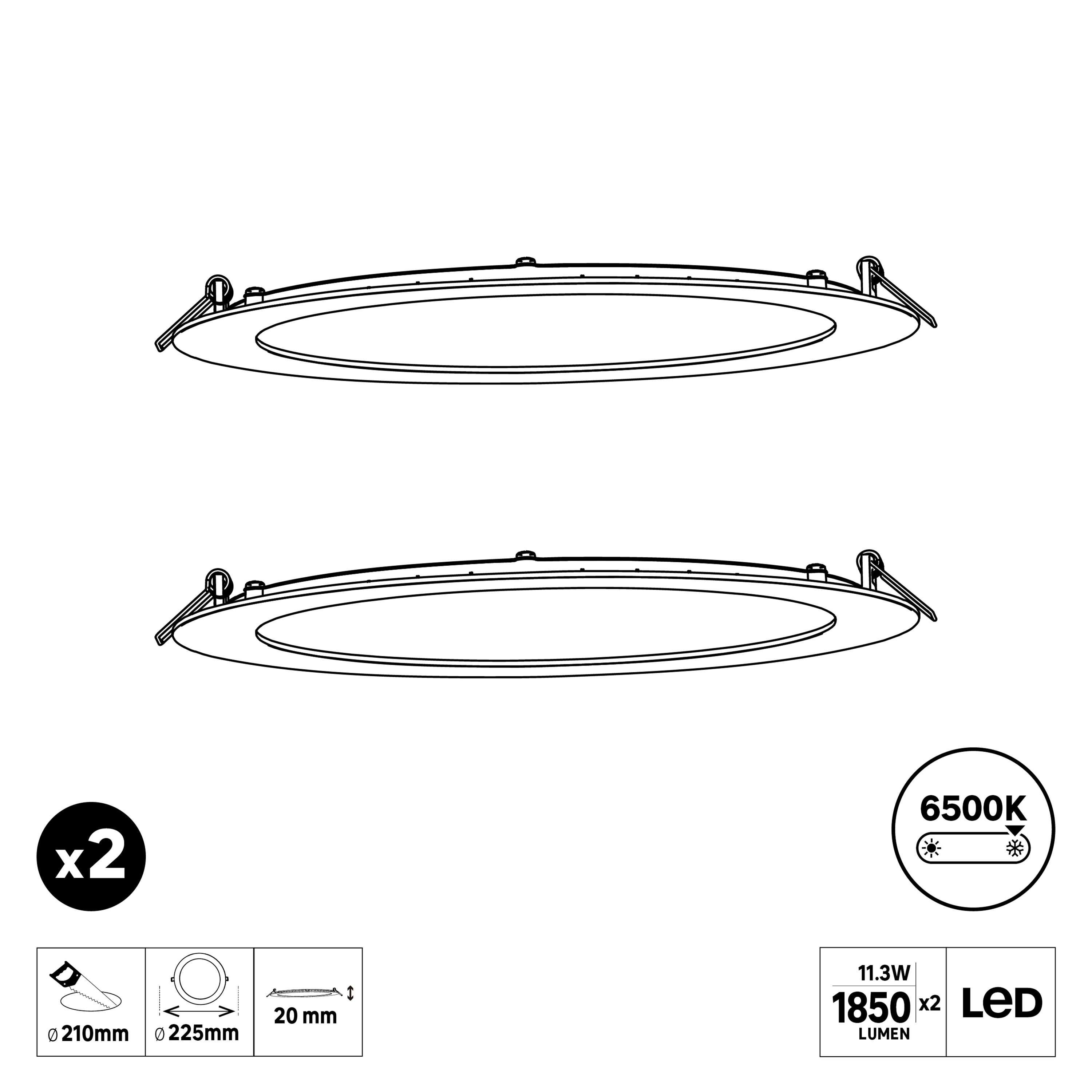 Pack de 2 downlight LED empotrable blanco redondo 11.3 lm 13 W luz blanco frío 6500K IP20 - Foco LED empotrado para techos - 5