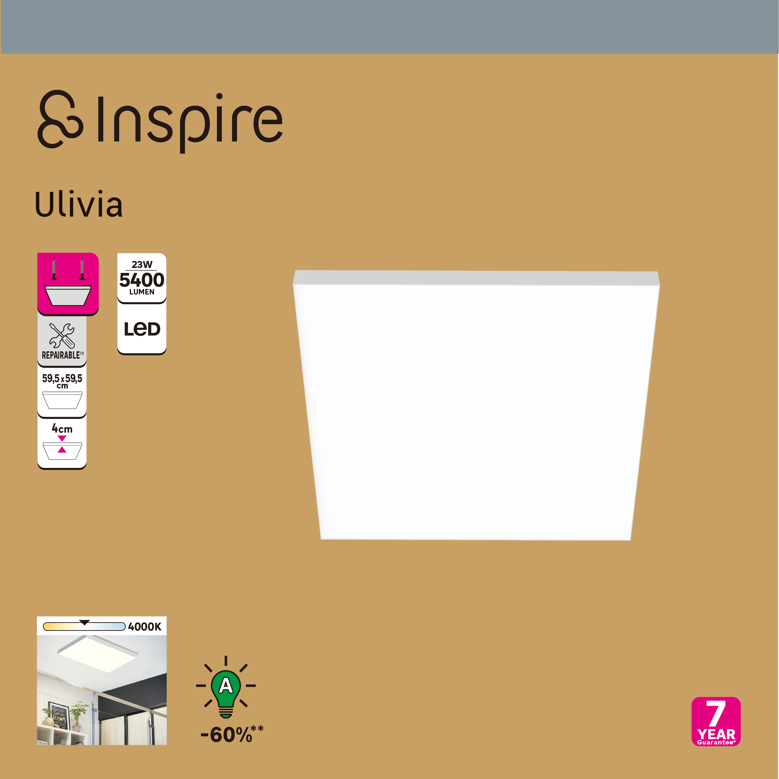 Panneau LED Ulivia 59.5 x 59.5 cm Classe A, 5400 Lm blanc neutre, INSPIRE blanc - 3