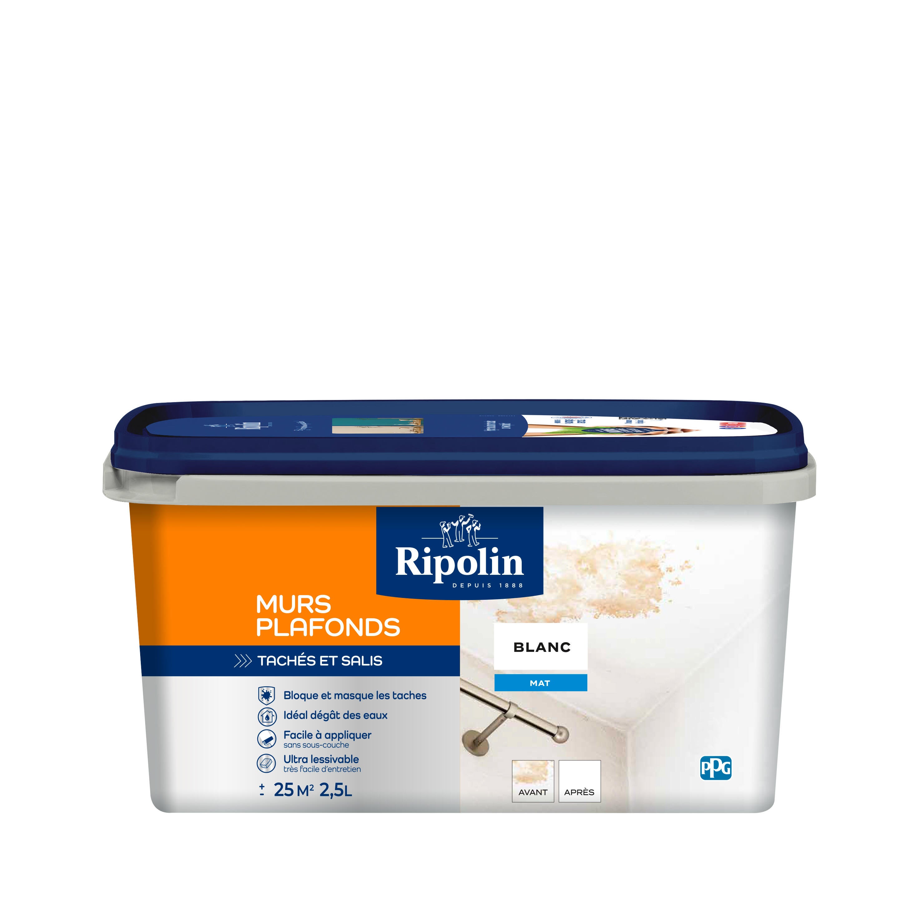 Peinture mur, plafond blanc mat RIPOLIN Tachés et salis 2.5L - 5