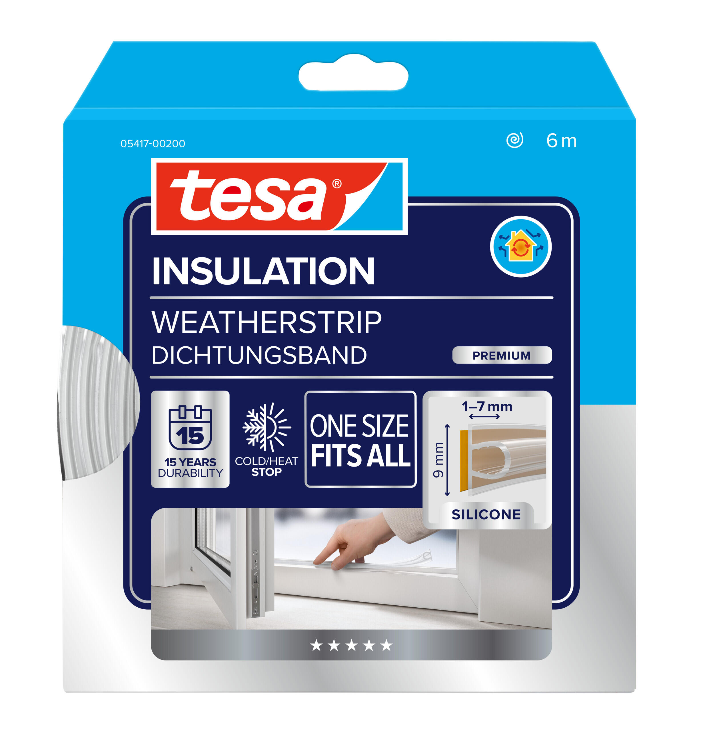 Burlete para ventanas y puertas TESA en color incoloro, 7 mm de espesor x 9 mm de anchura x 6 m de longitud. Perfil junta para espacio grande. Recortable. Tipo de instalación encolado. - 3