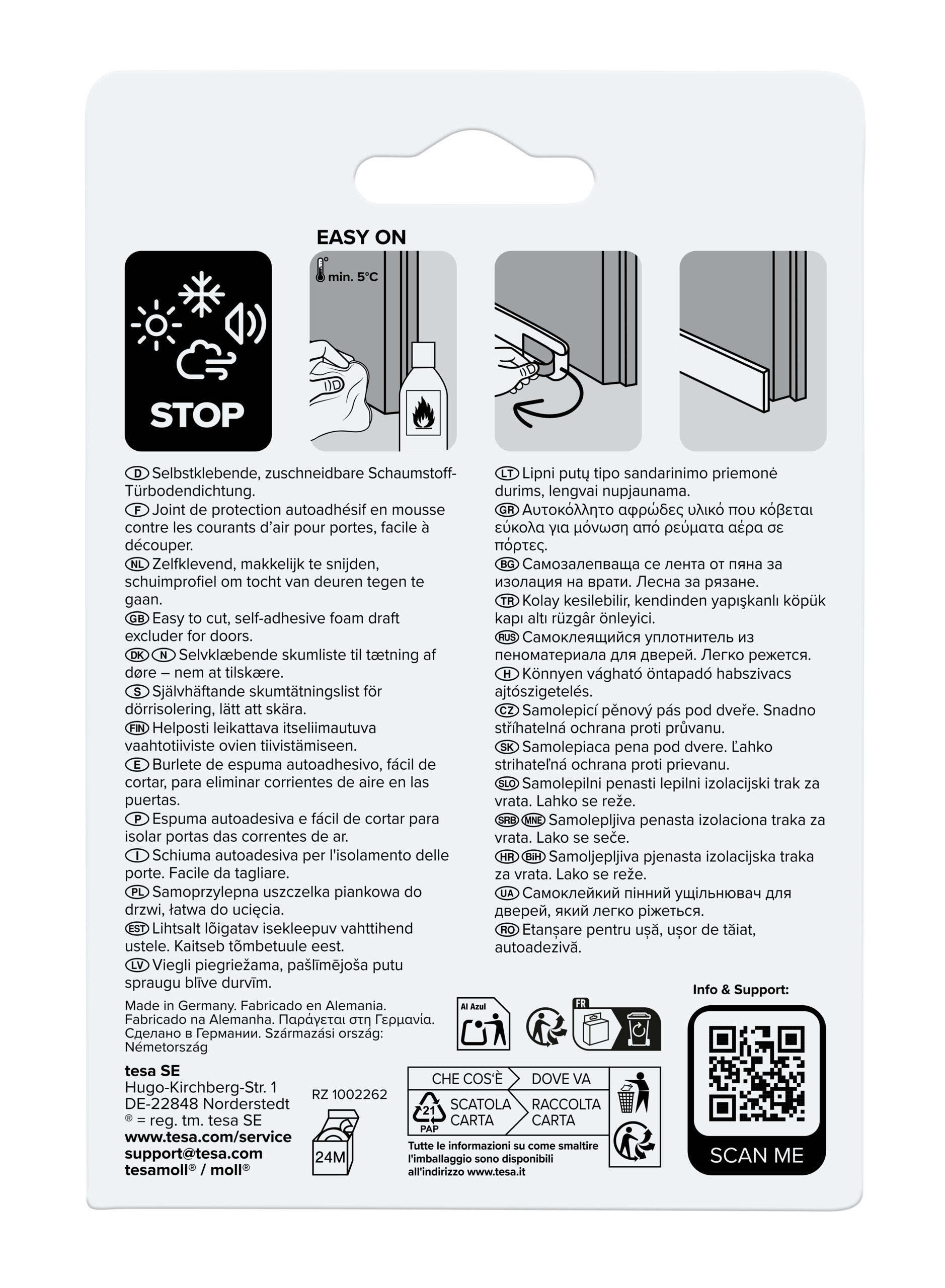 Burlete de puerta interior TESA adhesivo en color blanco, 38 mm de espesor x 100 cm de longitud. Recortable. Tipo de instalación encolado. - 2