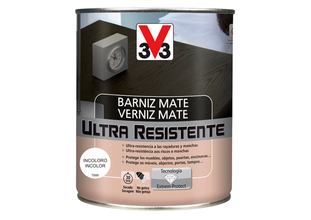 Barniz de madera interior V33 Ultra Resistente en color incoloro, acabado mate para mobiliario, puertas, encimeras líquido de 750 ml. Base agua.