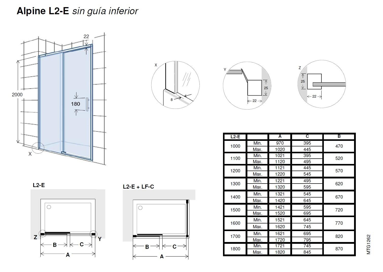 Mampara de ducha frontal 1 fijo + 1 puerta corredera transparente Alpine perfil aluminio negro (142.1-152)x200 cm cristal 6mm cierre de sobreponer sin guía inferior Roca - 2