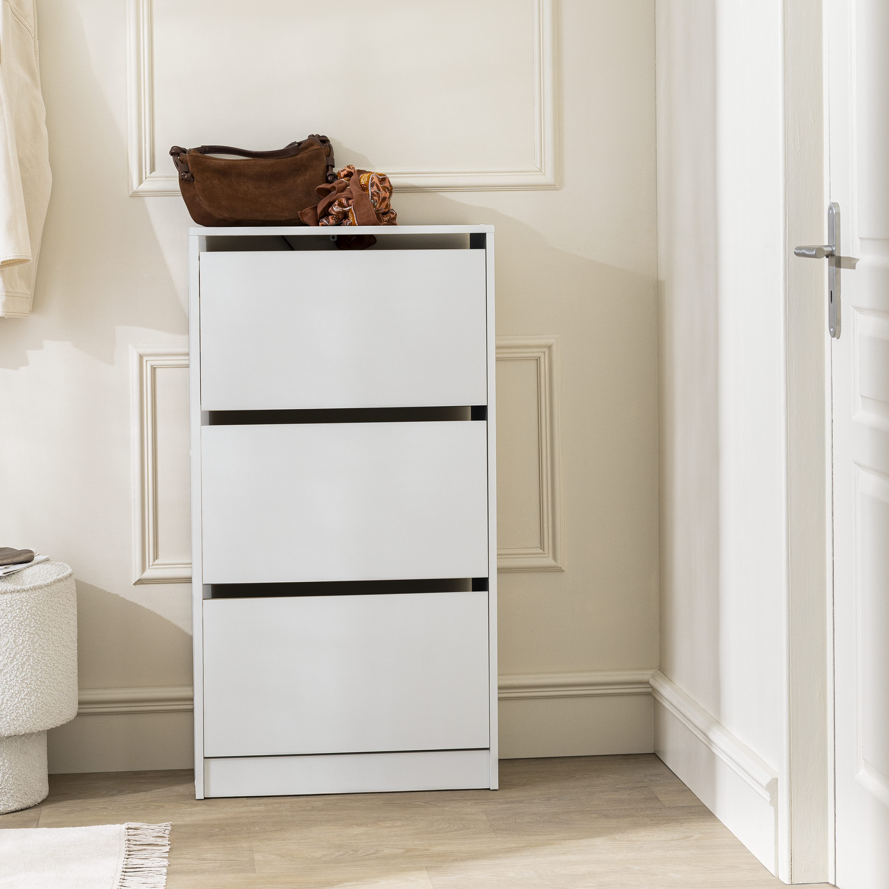 Scarpiera 3 ante apertura a ribalta, doppia profondità L 60.1 x H 112.5 x P 24.9 cm 15 paia, bianco - 2