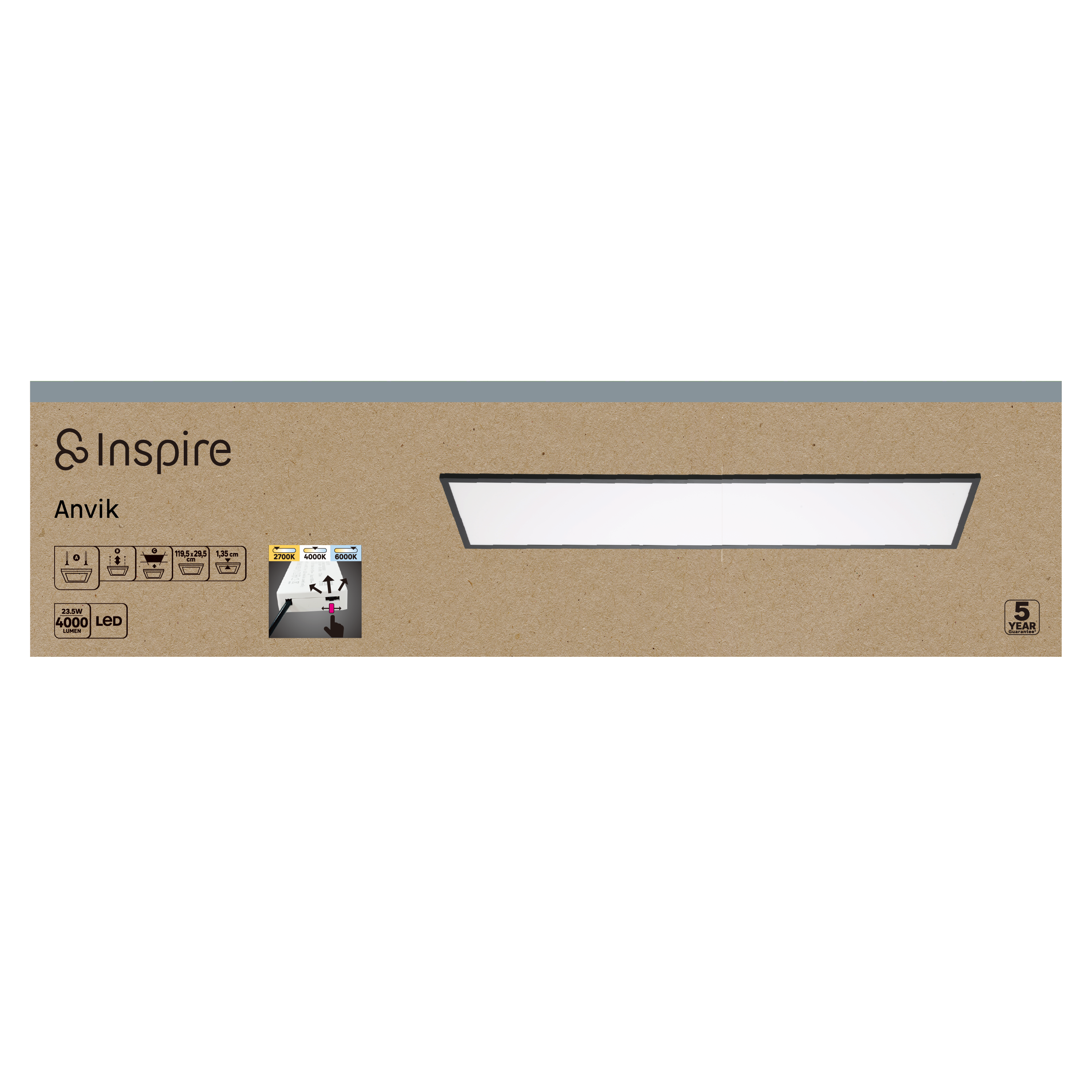 Panneau LED Anvik 119.5 x 29.5 cm 4000 Lm blanc chaud/neutre/froid INSPIRE noir - 4