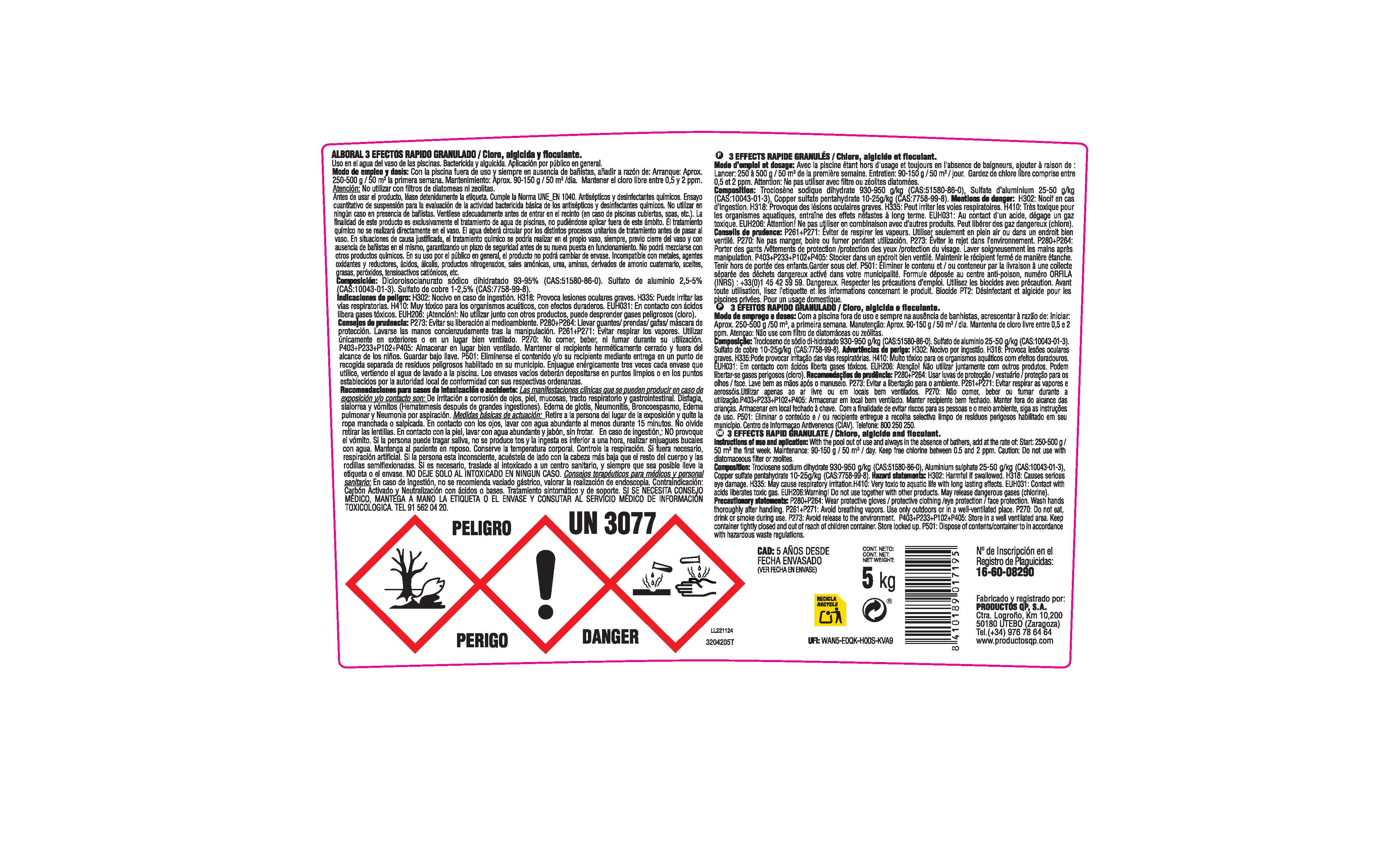 CLORO RAPIDO GRANULADO 3 ACCIONES 5KG QUIMICAMP ALBORAL - 2