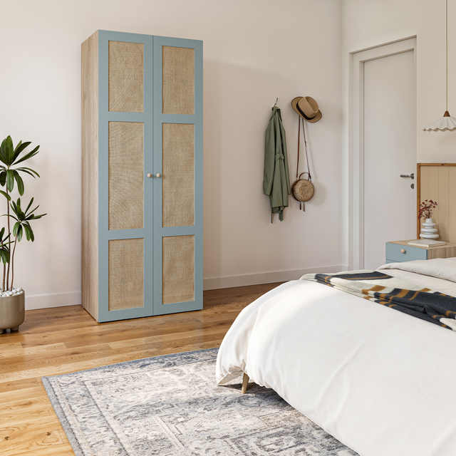 Armoire SPACEO Evo'm porte Bali cannage céladon/caisson chêne H230,4xL80xP54