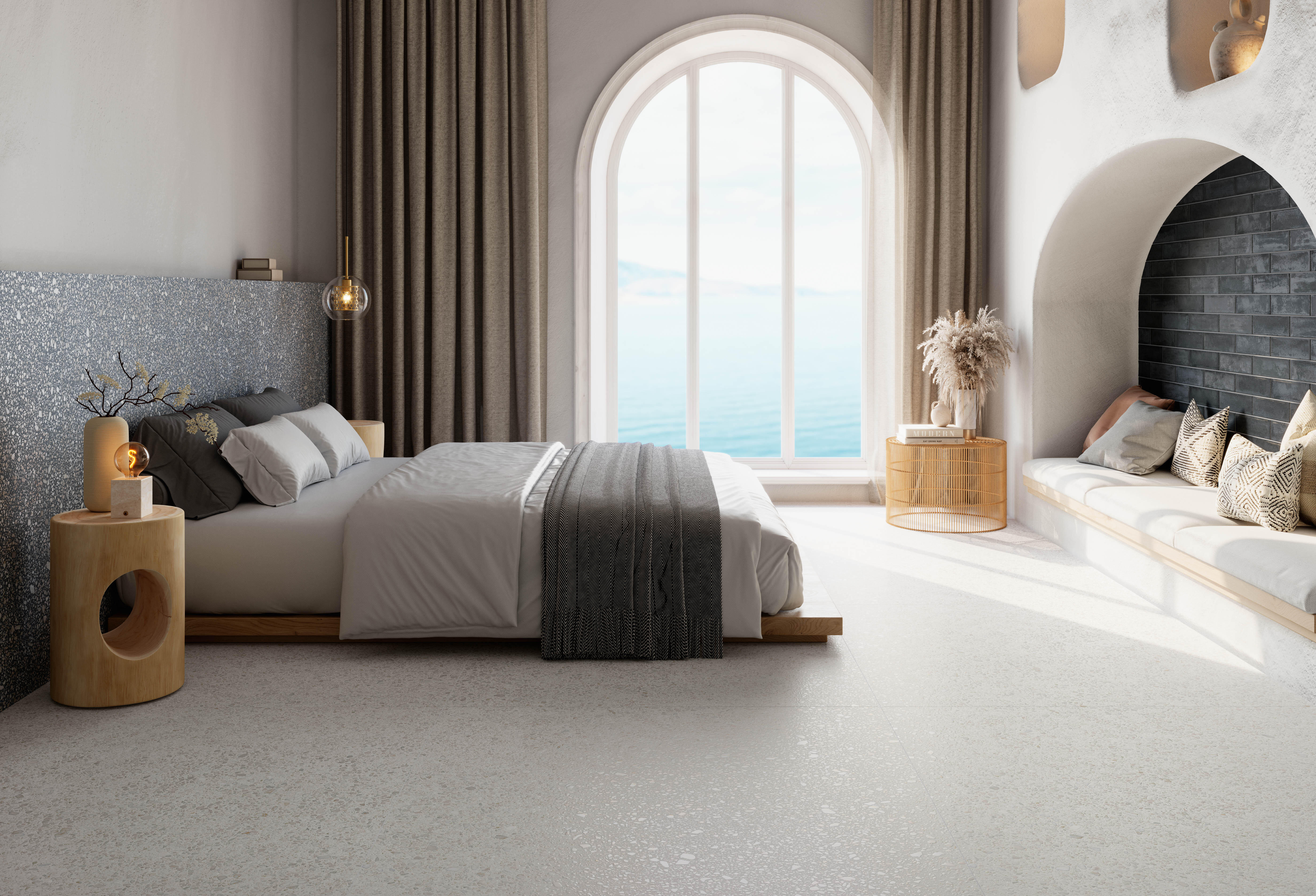 Suelo porcelánico santorini efecto terrazo blanco 120x120 cm c3 grespania