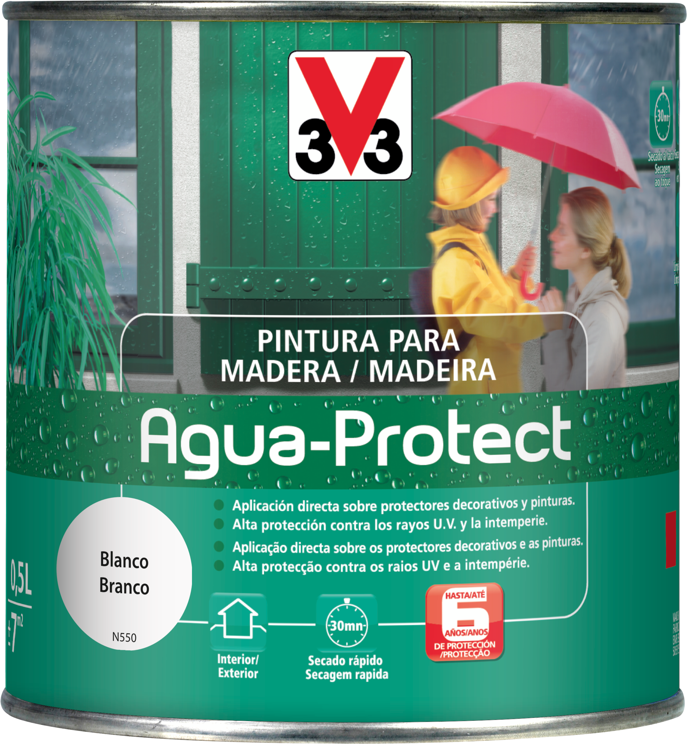 Pintura exterior color blanco para madera, mobiliario de jardín, ventana, refugio, valla, persiana, puerta v33 satinado 500ml base agua protección contra las condiciones climatológicas