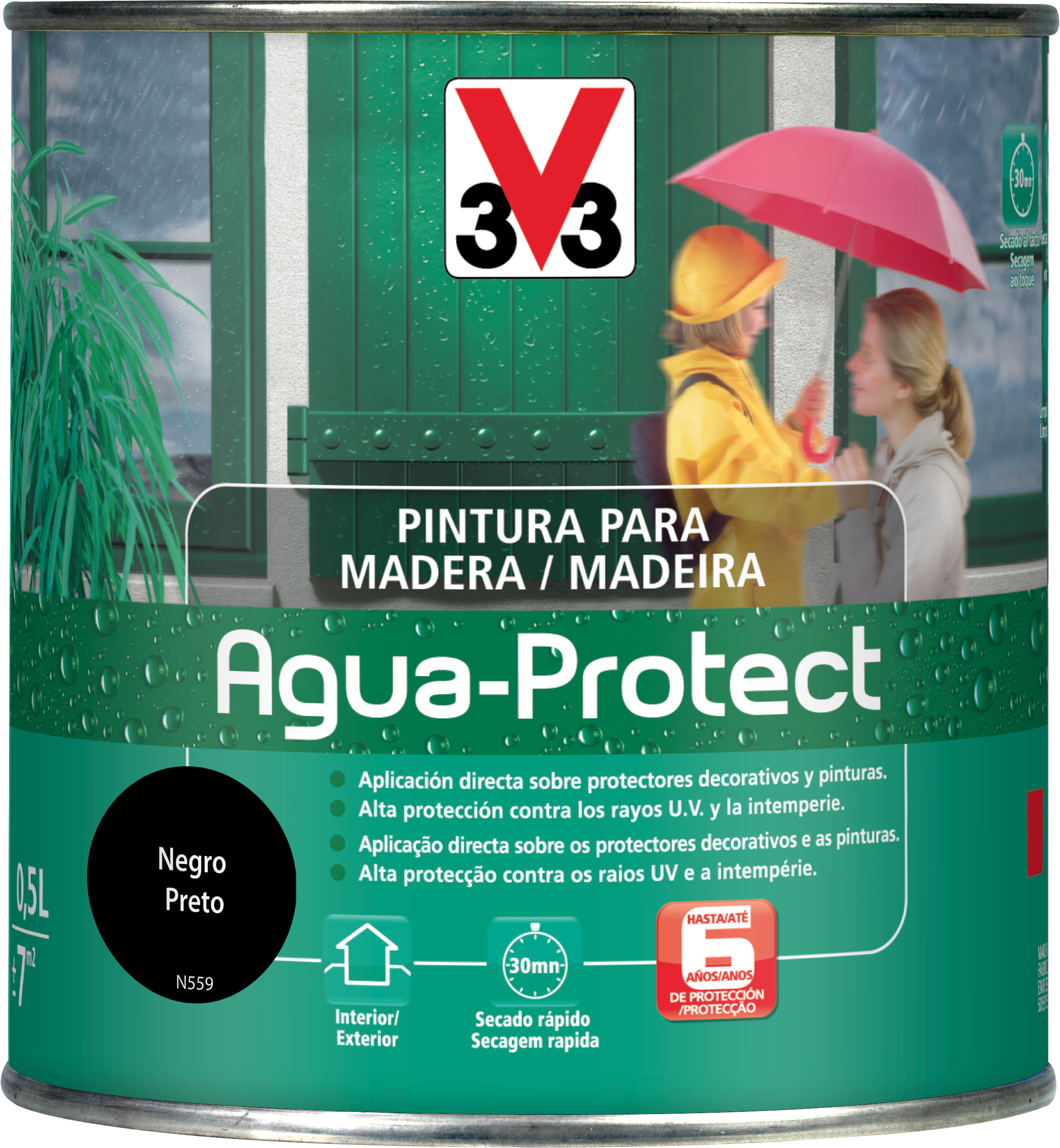 Pintura exterior color negro para madera, ventana, mobiliario de jardín, refugio, valla, persiana, puerta v33 satinado 500ml base agua protección contra las condiciones climatológicas