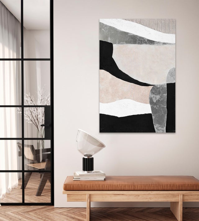 Pintura sin marco Abstracto cuadrada de 80 x 80 cm. MDF gris, negro y crema